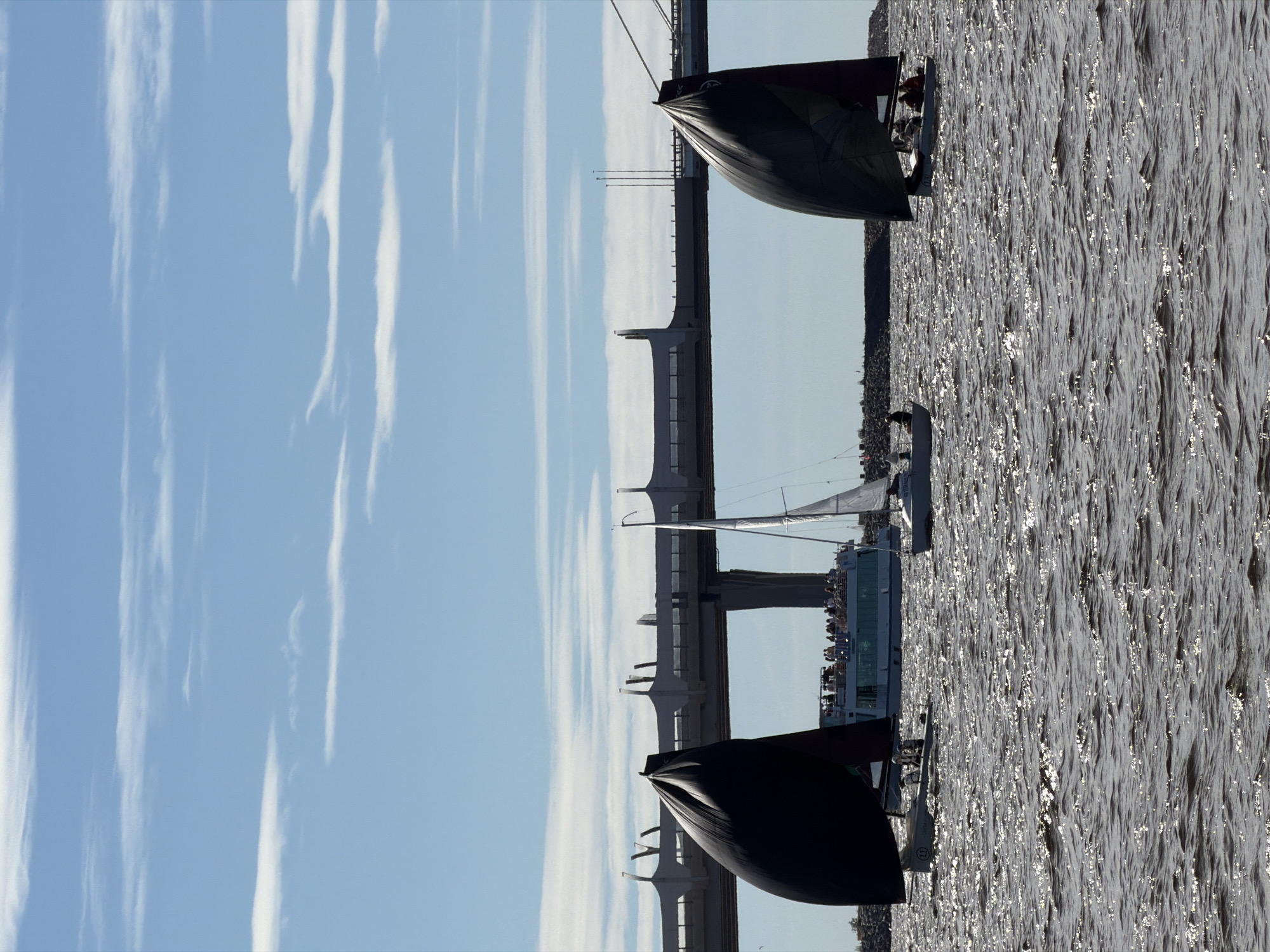 The image depicts a bright, sunny day on the Gulf of Finland near Saint Petersburg, Russia. Three sailboats are visible on the choppy, sun-dappled water. The largest vessel, a passenger boat, is in the background, carrying numerous people on its upper deck. Behind the boats, a modern bridge spans the water, its concrete structure and suspension cables clearly visible against the blue sky dotted with wispy white clouds. Two of the sailboats are racing, with dark, billowed sails prominently displayed. The sailboat on the far left has a large black sail, while the sailboat on the far right also features a dark sail that appears to be black or dark gray. A third sailboat with a white sail is positioned between these two. The water is textured with small waves and reflects the bright sunlight. The scene suggests a recreational sailing event or a regatta.
