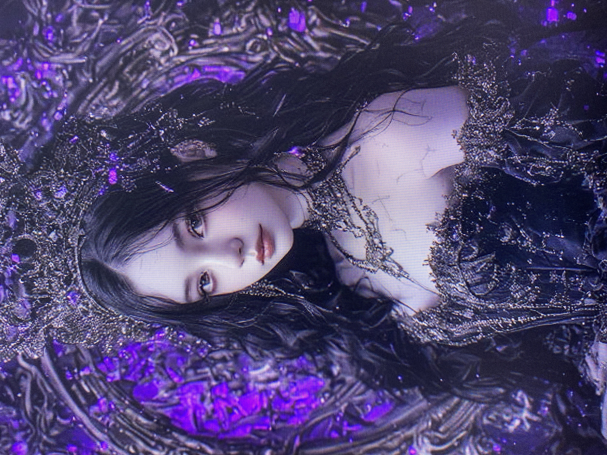This image shows a digitally rendered portrait of a young woman with long, dark hair, wearing a dark, elaborate crown adorned with purple accents. She is lying down, with her head tilted and her gaze directed towards the viewer. Her skin appears pale, and her features are delicate. She is wearing a dark, textured garment that drapes around her. The background is a swirling, dark, and intricate pattern with prominent purple elements, giving the scene a mystical or fantastical atmosphere. The woman's expression is serene, with a hint of melancholy. There is no visible text or indication of the time of day, weather, or specific location, other than the context provided as Yerevan, Armenia, which is not visually apparent in the image itself.