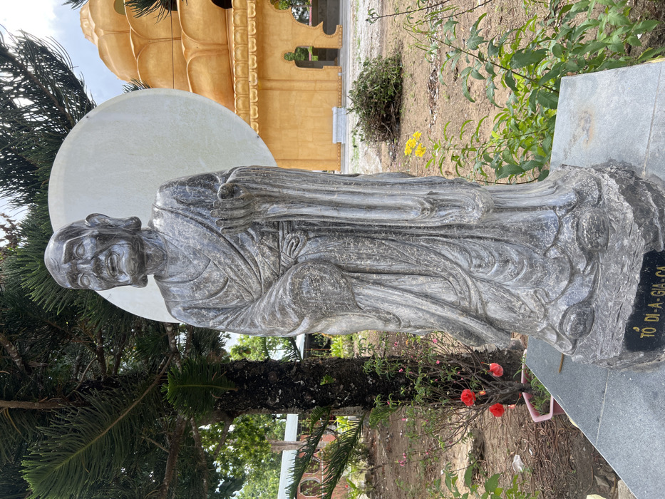 A weathered gray stone statue of an aged male figure stands prominently in an outdoor setting in Đăk Mar, Vietnam. The statue, identified by the inscription "TỔ DI-A-GIA-CA" on its base, depicts a robed individual with an aged face featuring prominent wrinkles, a beard, and a slightly open mouth. The figure's right hand is raised with an open palm, while the left hand is held closer to the body. Behind the statue's head, a large, flat, circular white disc is affixed. To the right of the statue, in the mid-ground, a multi-tiered golden-yellow Buddhist temple structure with decorative arched openings is visible. To the left and partially behind the statue, a tall coniferous tree with a dark trunk and green needles is present. The ground around the statue consists of exposed soil, sparse green vegetation, and small plants; a pot containing red-flowered plants is visible to the left, and taller green plants with yellow flowers are to the right. The scene is illuminated by natural daylight under a lightly clouded sky.