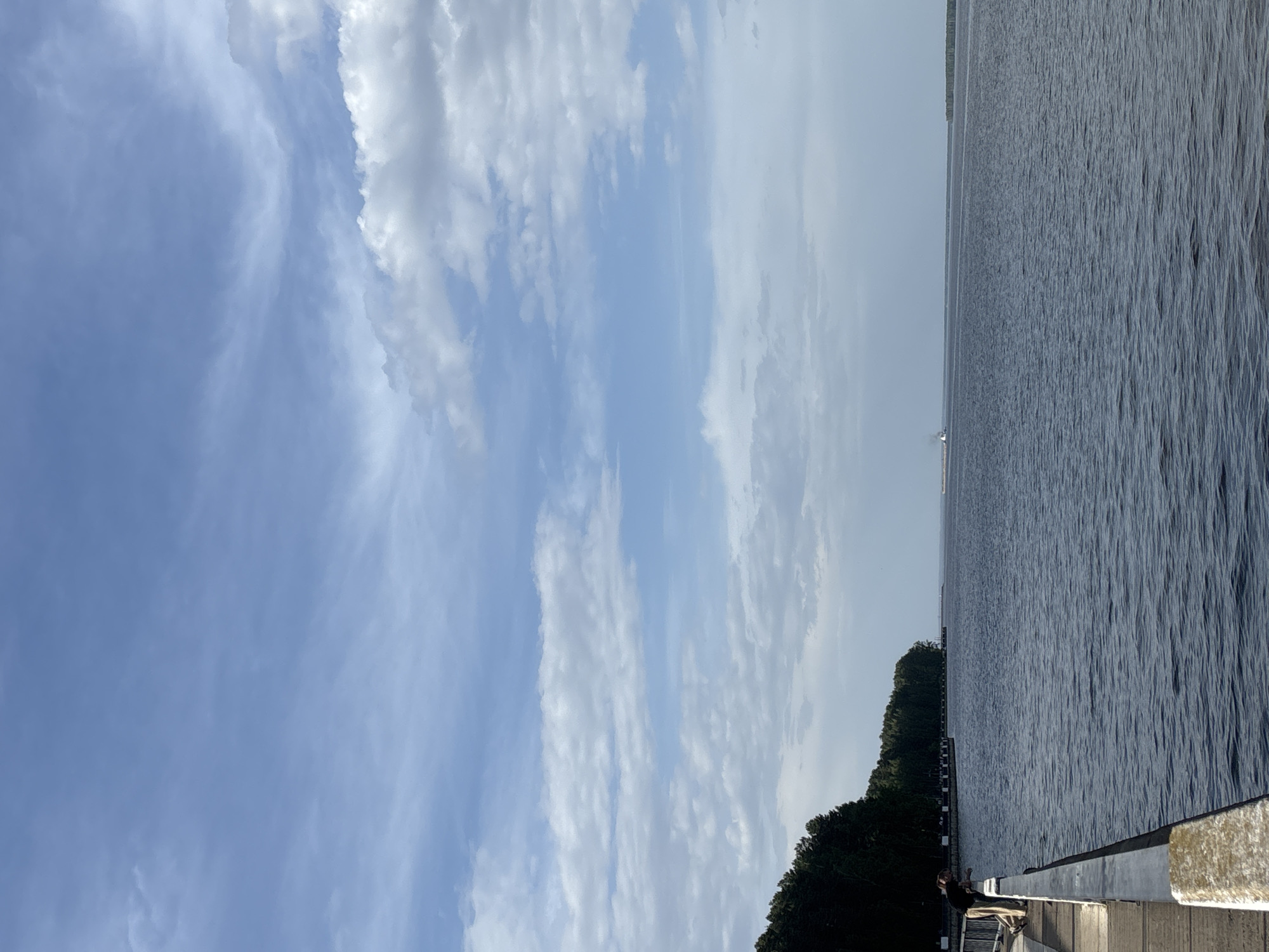 The image shows a waterscape with a sky filled with wispy clouds, transitioning into a blue expanse. A body of water occupies the right half of the frame, with gentle ripples indicating a calm surface. A line of trees and vegetation forms the shore between the water and sky. In the foreground, a concrete barrier with some discoloration sits on what appears to be a pier or walkway. A distant structure is barely visible on the horizon. The image gives the impression of a serene waterfront scene.