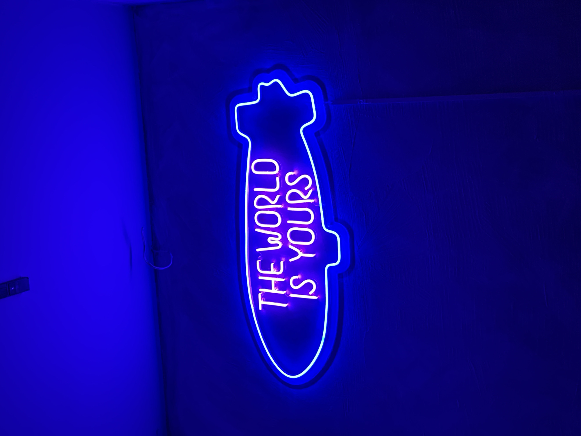 A neon sign shaped like a bomb with the words "THE WORLD IS YOURS" hangs on a blue textured wall. The sign has a blue outline and pink lettering. An electrical outlet is visible on the wall to the left of the sign. The image appears to have been taken in Barcelona, Spain.