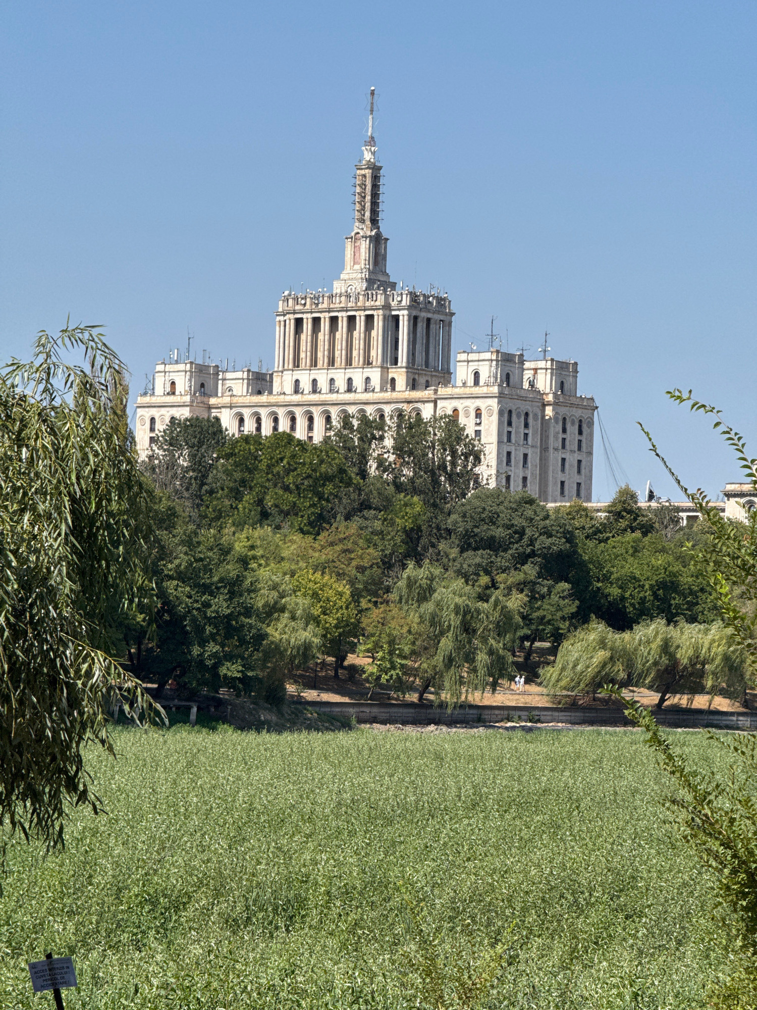 The image displays a grand, neoclassical building with multiple tiers and a central spire, characteristic of Stalinist architecture, set against a clear blue sky. The building, identified as the House of the Free Press in Bucharest, Romania, is partially obscured by a dense canopy of lush green trees. In the foreground, a large expanse of green vegetation, possibly a field of reeds or aquatic plants, dominates the lower half of the frame. The vegetation appears dense and slightly overgrown, hinting at a natural or semi-natural environment. A pathway or embankment is visible behind the vegetation, lined with trees, including weeping willows whose branches cascade downwards. Two indistinct figures, likely people, are seen walking on this embankment. The overall scene suggests a picturesque urban landscape where nature and monumental architecture coexist.