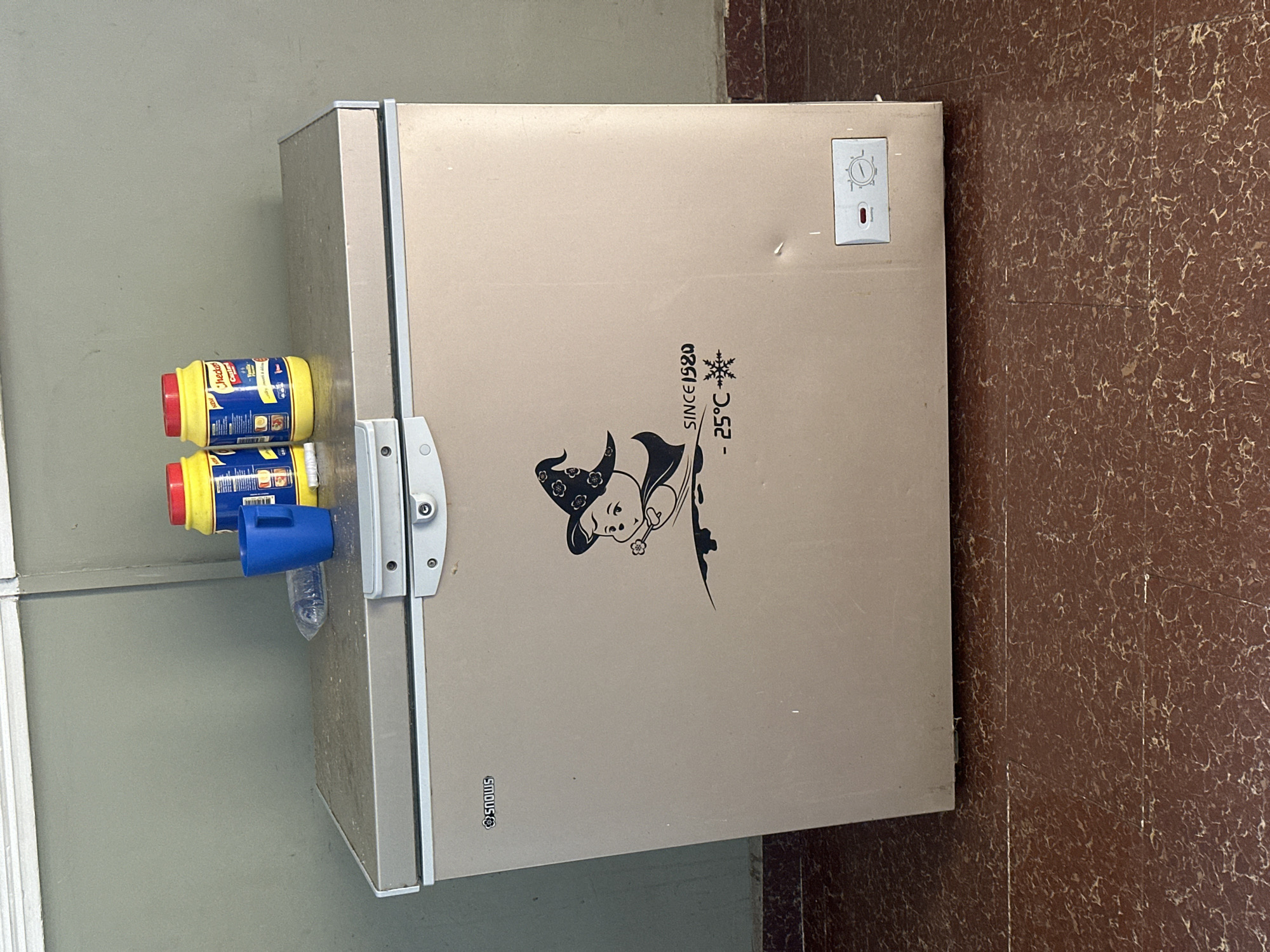 The image depicts a beige-colored chest freezer situated indoors in the city of Unknown, Unknown. The freezer features a black graphic on its front showing a cartoon baby or child wearing a witch's hat and cloak, holding a wand. Below the graphic, the text "SINCE 1980" and "- 25°C" with a snowflake icon are visible. The brand name "SNOWS" is inscribed on the upper left side of the freezer. On the lower right, a control panel with a red indicator light and a rotary dial for temperature adjustment is present. The top surface of the freezer appears dusty or soiled. Placed on top of the freezer are two yellow plastic containers with red lids, one partially obscuring the other; the visible label reads "Checker Custard Vanilla". A blue plastic cup and a small, clear plastic bag containing an unidentifiable item are also on the freezer lid. The freezer has minor dents on its front surface. The background consists of a plain, light green wall with a horizontal white trim line visible at the top. The floor is covered with reddish-brown tiles or linoleum featuring a swirling, lighter brown or beige pattern. No individuals are present in the scene.