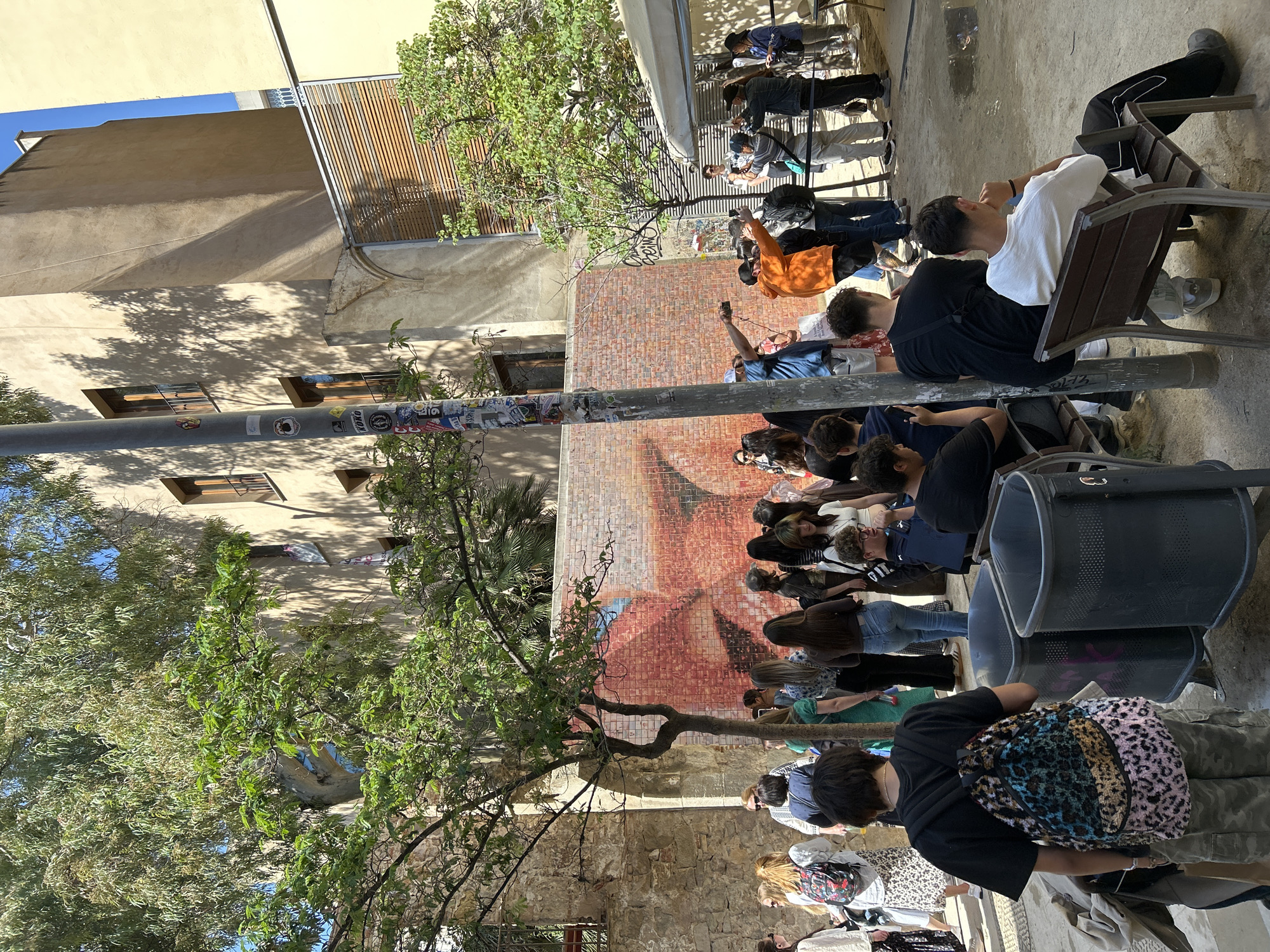 The image shows a group of people on a street in Barcelona, Spain, observing and photographing a mural on a brick wall. The mural appears to depict a close-up of a face. The street is lined with buildings, trees, and street furniture, including benches and trash cans. Some people are standing, some are sitting, and many are holding phones, presumably to capture the mural. The general atmosphere suggests a tourist attraction or a point of interest. The weather looks sunny, casting shadows on the buildings and street. A light pole is covered with stickers.