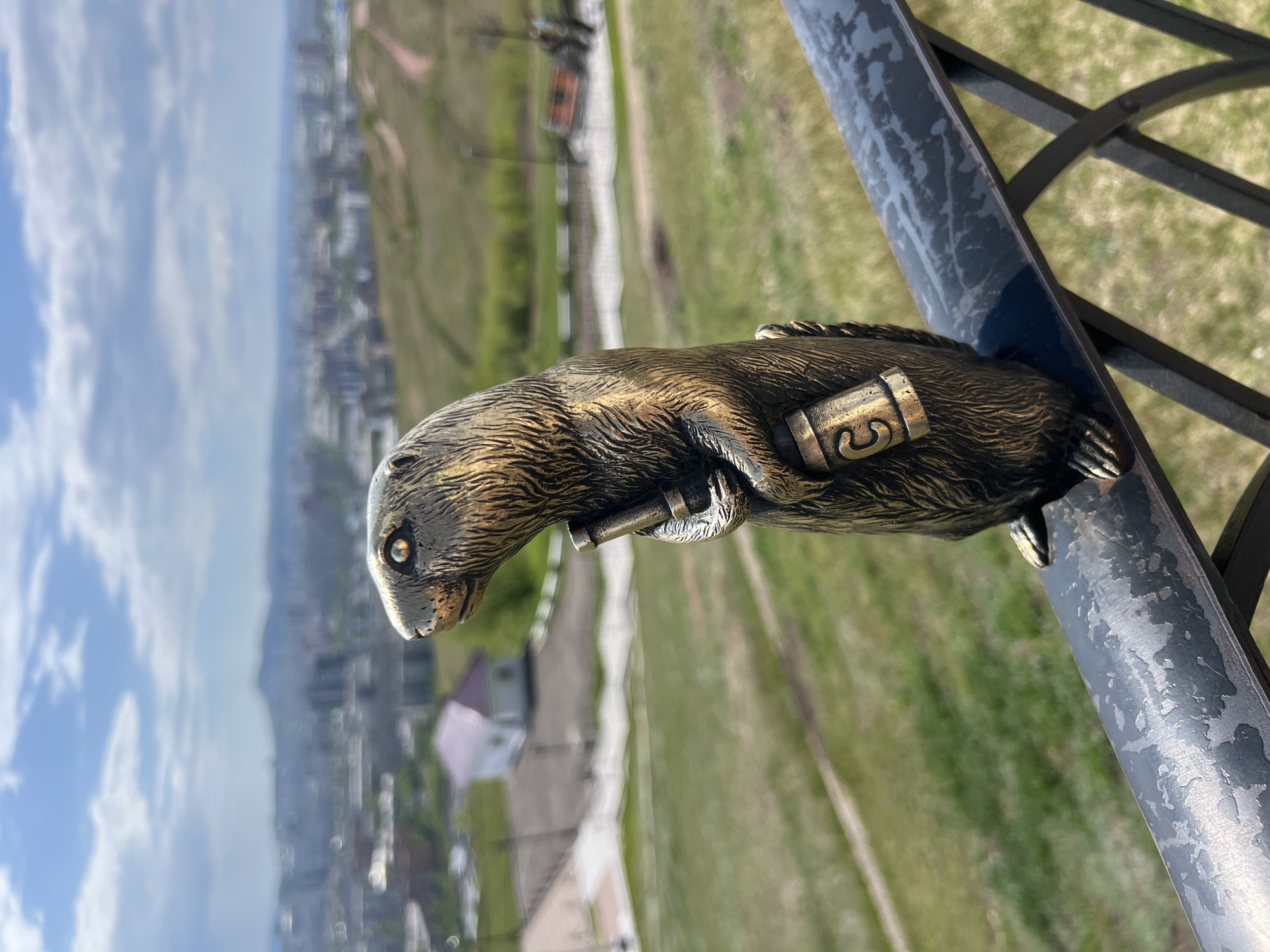 A bronze statue of a beaver, holding a ruler and book, is mounted on a dark gray metal railing in Krasnoyarsk, Russia. In the background is a blurred landscape with buildings, trees, and fields under a partly cloudy sky.