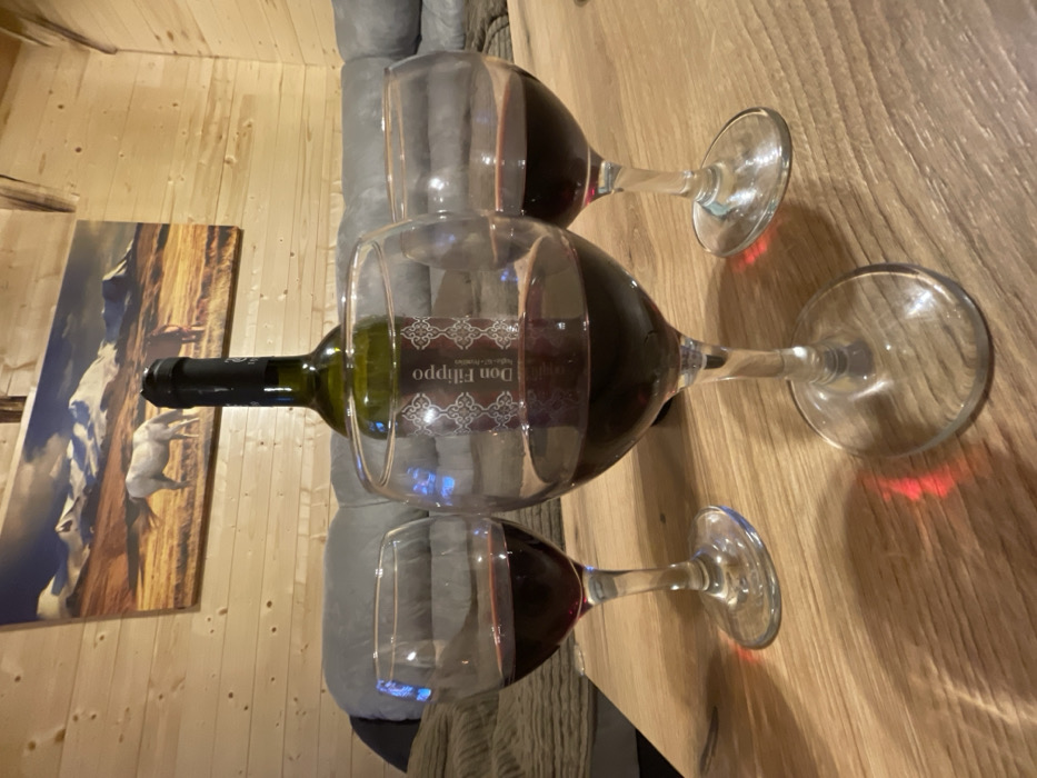 An indoor scene in Palež, Montenegro, displays three wine glasses containing red wine positioned on a light-colored wooden table. A green glass wine bottle, labeled "Don Filippo," stands behind the glasses, centrally located. In the background, a grey sofa is visible against a wall constructed of horizontal wooden paneling. Mounted on this wooden wall is a large rectangular framed picture depicting a mountainous landscape with snow-capped peaks, a field in shades of gold and brown, and two horses—one white and one dark brown—grazing. Ambient lighting illuminates the objects, casting subtle red reflections from the wine onto the table surface beneath the glasses. No individuals are present in the image.