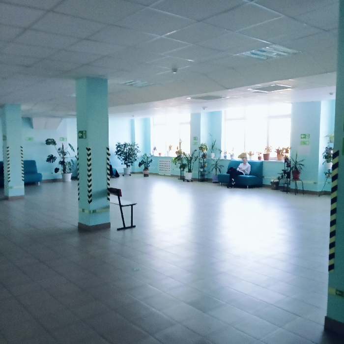 The scene depicts a large, brightly lit indoor public area within the city of Chaikovsky, Russia. The room features light blue walls and rectangular columns, a light gray tiled floor, and a white suspended ceiling with integrated fluorescent light panels. Natural light emanates from a series of large, multi-pane windows spanning the far wall, beneath which radiators are installed. Green emergency exit signs are affixed to walls and columns. Several columns are marked with black and yellow diagonal hazard stripes or black chevron patterns. Numerous potted plants are distributed throughout, situated on windowsills, plant stands, and directly on the floor.
One individual, appearing to be female with light hair, is seated on a light blue two-seater sofa positioned against the far wall. She wears a light-colored top and dark trousers/skirt, with her hands clasped in front and her gaze directed downwards. In the background, two additional light blue armchairs are visible. A single dark-colored chair with a metal frame stands in the mid-ground, facing away from the viewer. No other persons are present, and no active interactions are depicted within the frame.