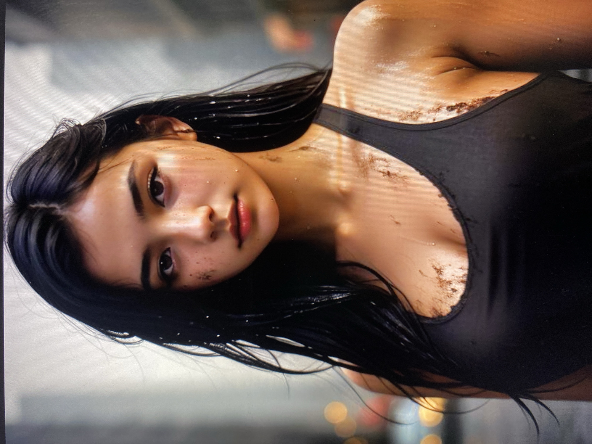 A close-up, chest-up portrait shows a young woman with long, dark, wet hair that is windswept around her face and shoulders. Her skin is wet and appears to be streaked with dirt and possibly rain. She is wearing a black tank top, and the fabric is clinging to her skin, revealing sweat or water. The background is blurred and suggests an urban environment with out-of-focus lights, indicating it may be nighttime or dusk. The woman's expression is serious, with a slight tilt of her head.