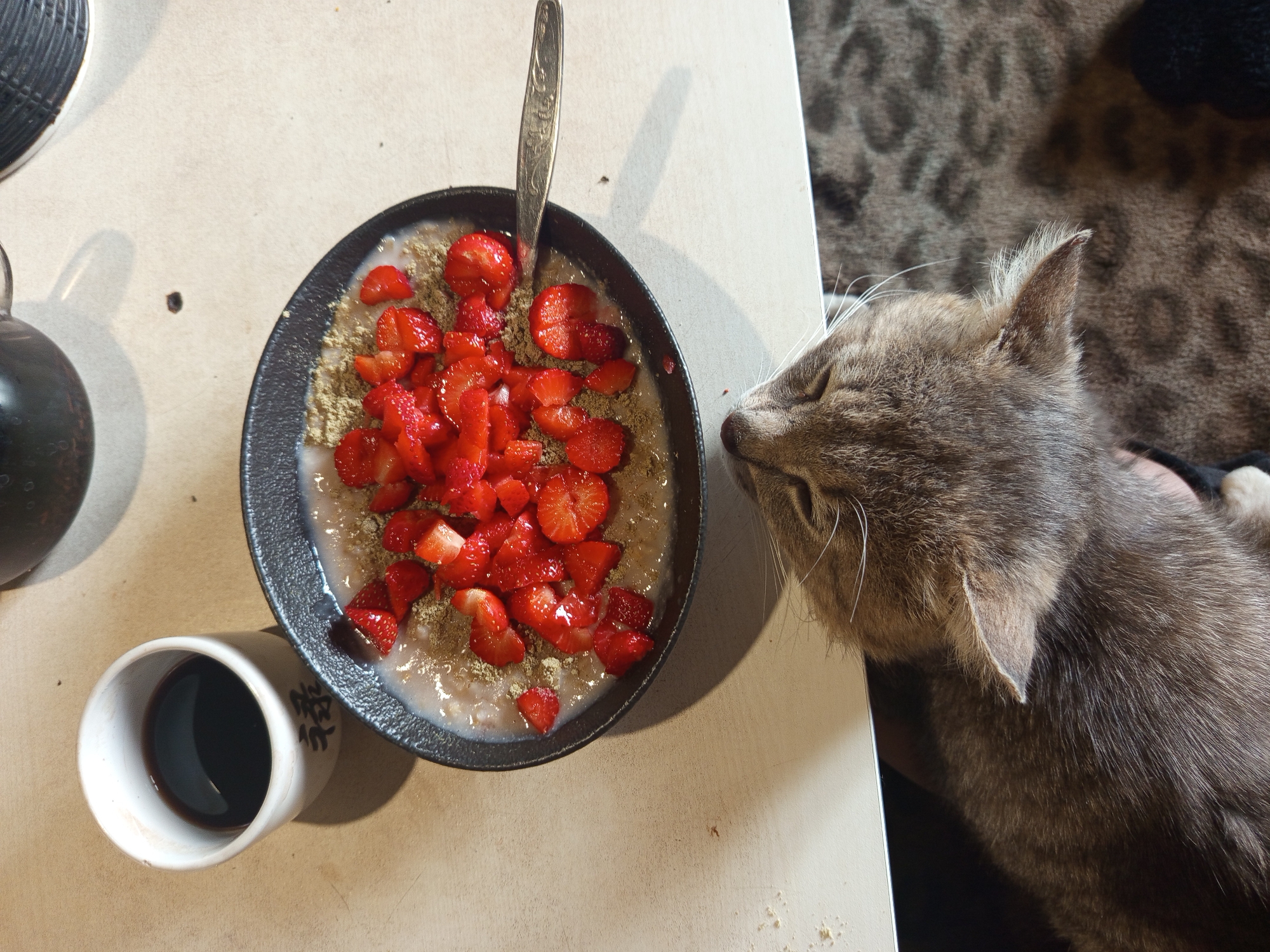 A close-up, top-down shot shows a bowl of oatmeal topped with sliced strawberries and a sprinkle of what appears to be granola or wheat germ. A spoon is partially submerged in the oatmeal. To the left of the bowl is a small white ceramic cup filled with dark liquid, likely coffee or tea, with some Japanese characters visible on the side of the cup. To the right of the bowl, a grey tabby cat with its eyes closed is sniffing the oatmeal, with its head and ear in clear view. The setting appears to be a home, with a light-colored table surface and a patterned rug in the background. The lighting suggests it could be daytime, possibly morning, given the presence of oatmeal and coffee. There is no visible text other than the characters on the cup. The cat's expression suggests curiosity or anticipation.