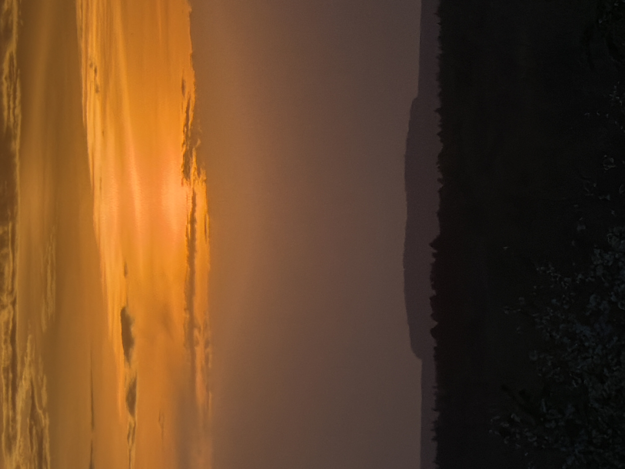 The image depicts a sunset in Chaikovsky, Russia. The left side of the image is dominated by a vibrant orange sunset with streaks of clouds. The center transitions into a muted, overcast sky, while the right side features a dark, indistinct treeline. The landscape appears to be a silhouette against the fading light, suggesting a park or wooded area adjacent to an open space where the sunset is visible. No people or specific objects are discernible in detail due to the overall darkness and focus on the sky. The scene captures the natural beauty of a sunset over a landscape.
