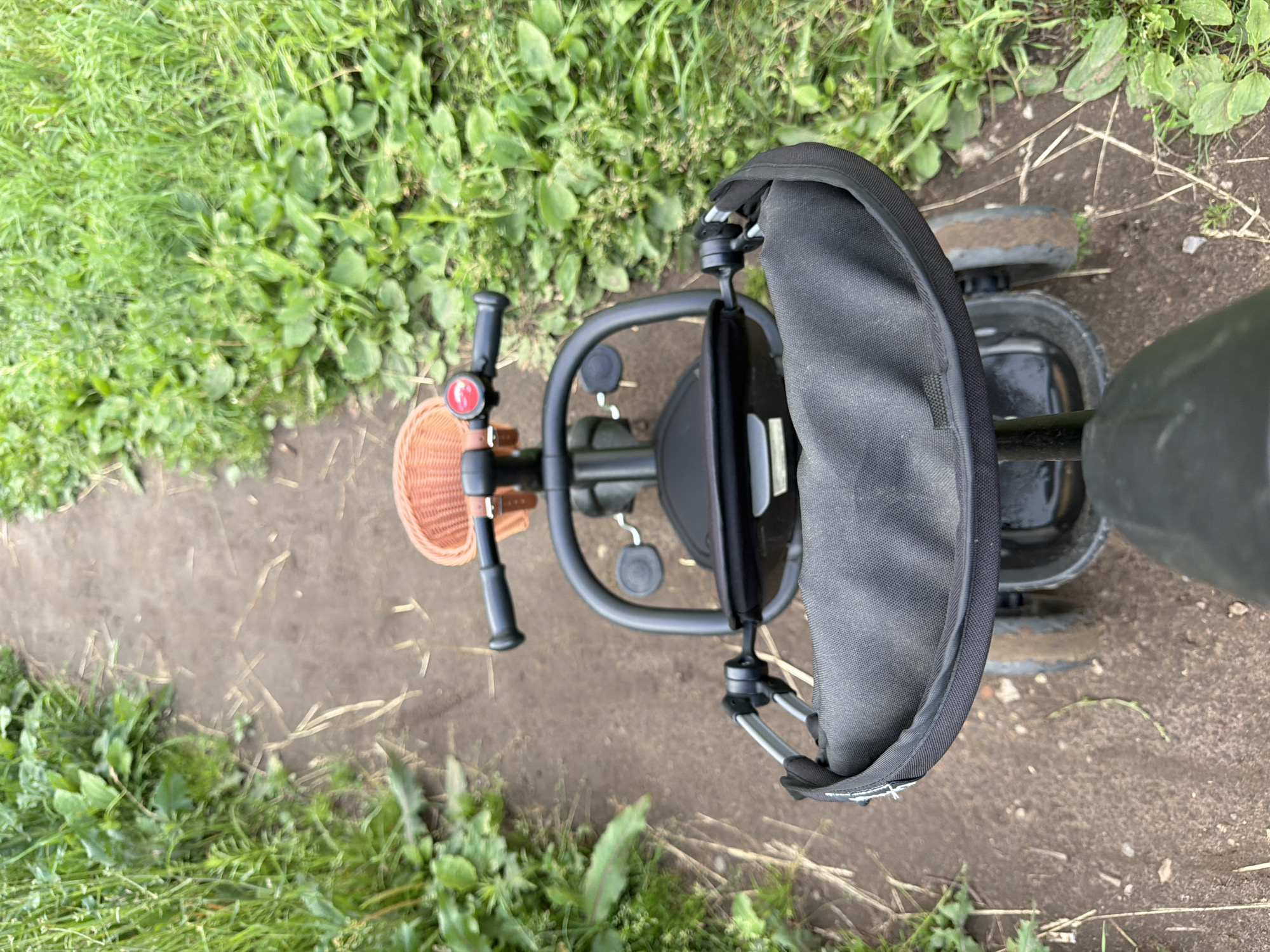 The image shows a first-person perspective of someone pushing a stroller or a tricycle with a basket on a dirt path lined with grass and foliage. The path appears to be in a natural, outdoor setting, possibly a park or a rural area. The stroller has a black fabric seat and a small orange basket attached to the handlebars. The wheels of the stroller are visible, as is the handle the person is holding. The environment suggests a casual outdoor activity, possibly a walk or an outing in the countryside. There are no specific landmarks visible that would help pinpoint the exact location within Chaikovsky, Russia.