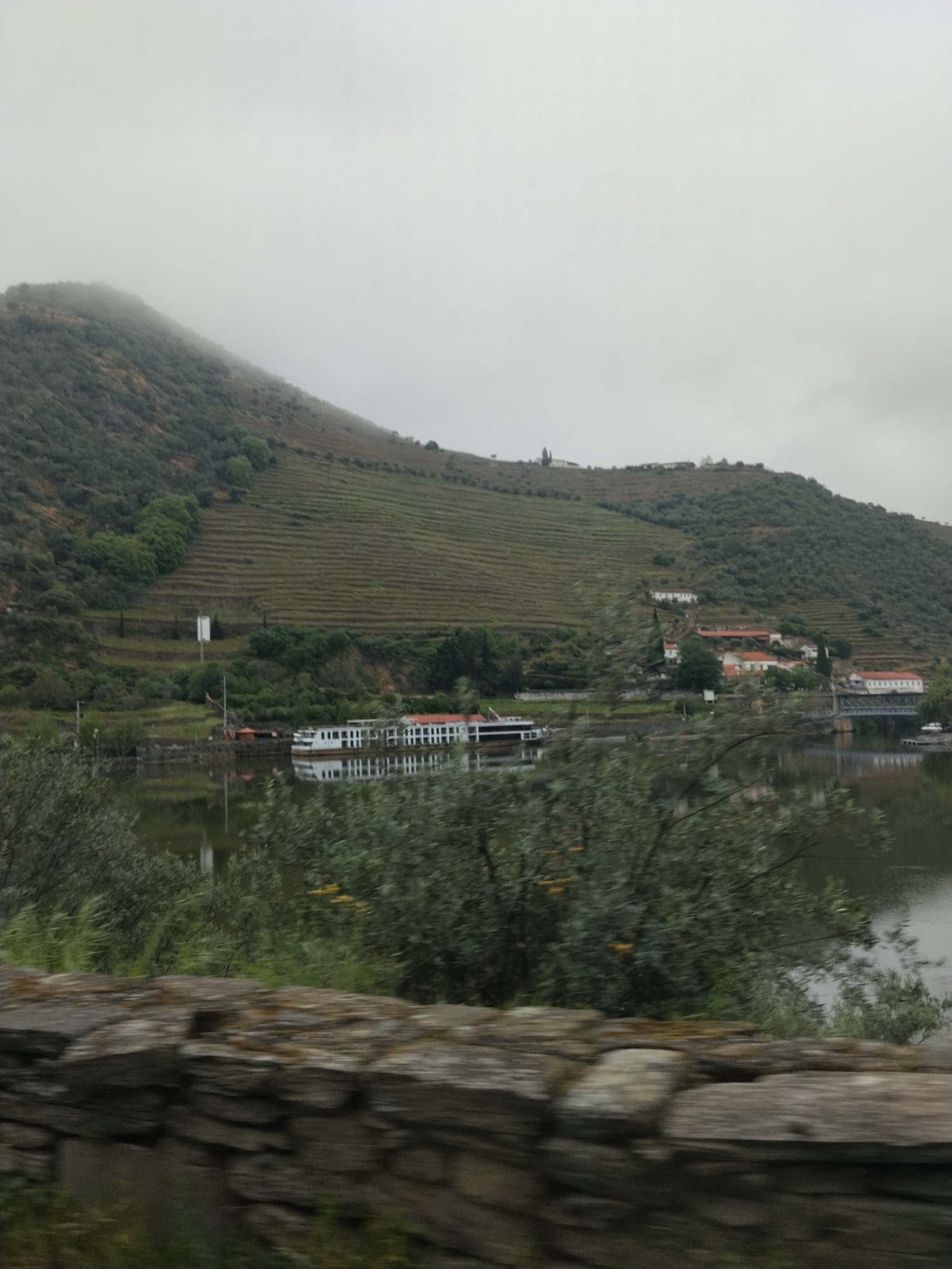 The image depicts a landscape in Ervedosa do Douro, Portugal, under overcast and foggy conditions. A mountain covered with terraced vineyards dominates the scene, its peak obscured by fog. At the base of the mountain lies a river, reflecting the sky and surrounding landscape. Several riverboats or barges are docked along the riverbank. Buildings with red roofs are situated on the lower slopes of the mountain. In the foreground, a stone wall is visible, partially obscured by vegetation. The overall impression is one of a tranquil and rural landscape, characteristic of the Douro Valley.