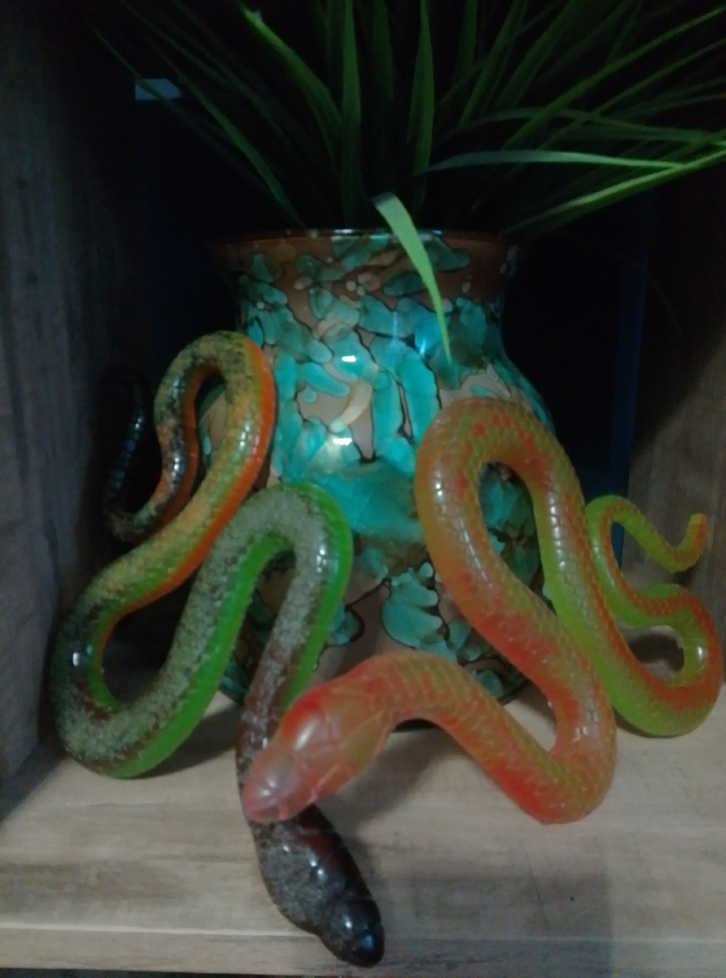 A close-up, eye-level shot captures three toy snakes coiled on a wooden shelf in Wedel, Germany. The snakes, made of translucent, colorful plastic, are arranged in a playful, intertwined manner. One snake is predominantly green with orange accents, another is a vibrant orange with green markings, and a third appears to be a darker, more muted tone, possibly with a reddish head. Behind the snakes, a decorative vase with a mottled turquoise and brown glaze is visible, from which green, leafy artificial plants emerge. The background is dark, suggesting the objects are on a shelf in a dimly lit indoor space. The focus is sharp on the snakes and the vase, with the background softly blurred.