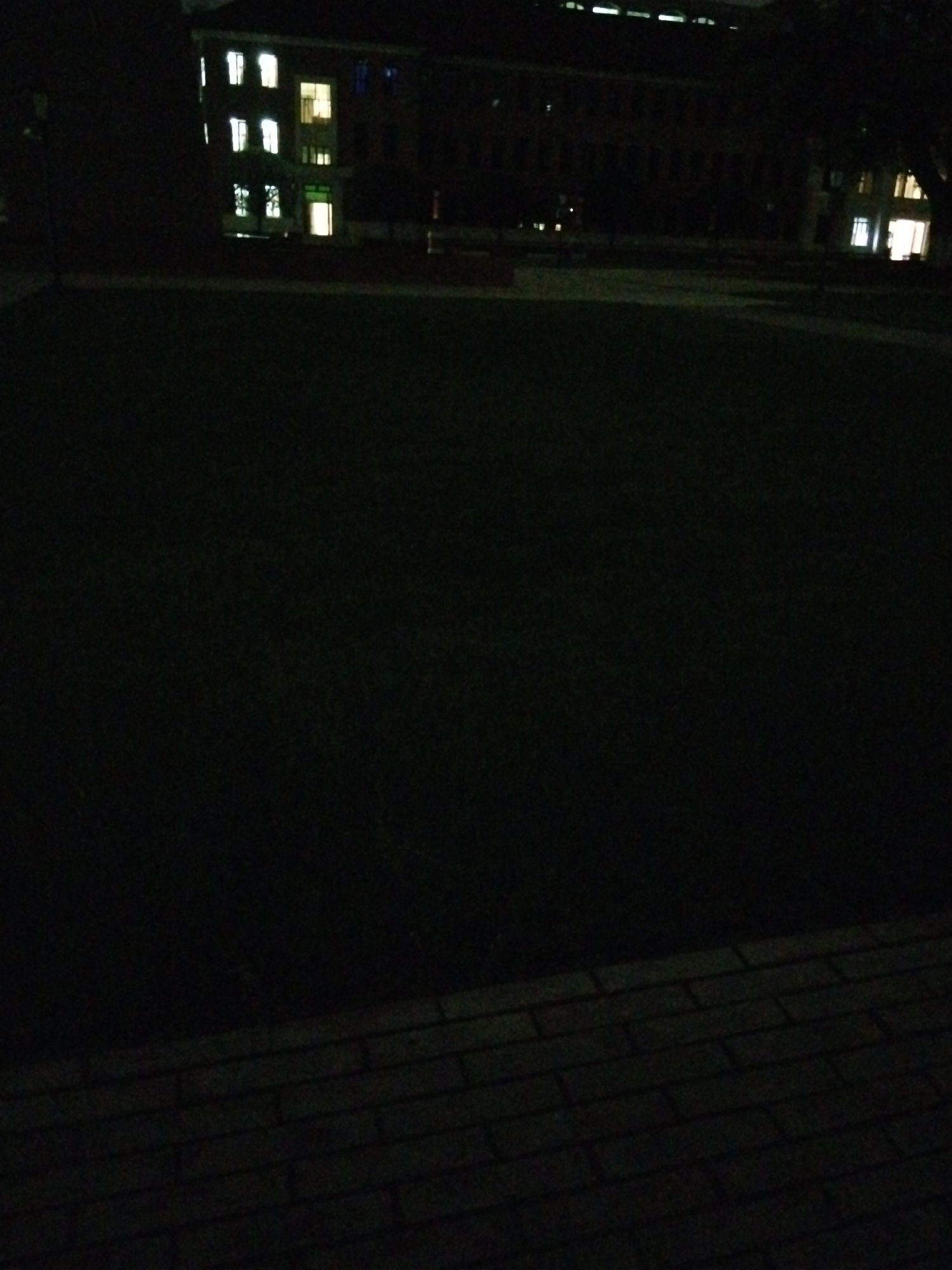 The image depicts a dark outdoor scene, likely at night, with a brick pavement in the foreground. Beyond the pavement is a large expanse of dark grass. In the background, a multi-story building is visible, with several illuminated windows. The building's architecture suggests it could be a university or institutional structure. The environment is dimly lit, and the scene appears to be quiet and still. There are no visible people or subjects, actions, or interactions. The location is likely near a building in a dark open space or park, although the specific location in Yuzhong District, China, cannot be confirmed from the image alone.