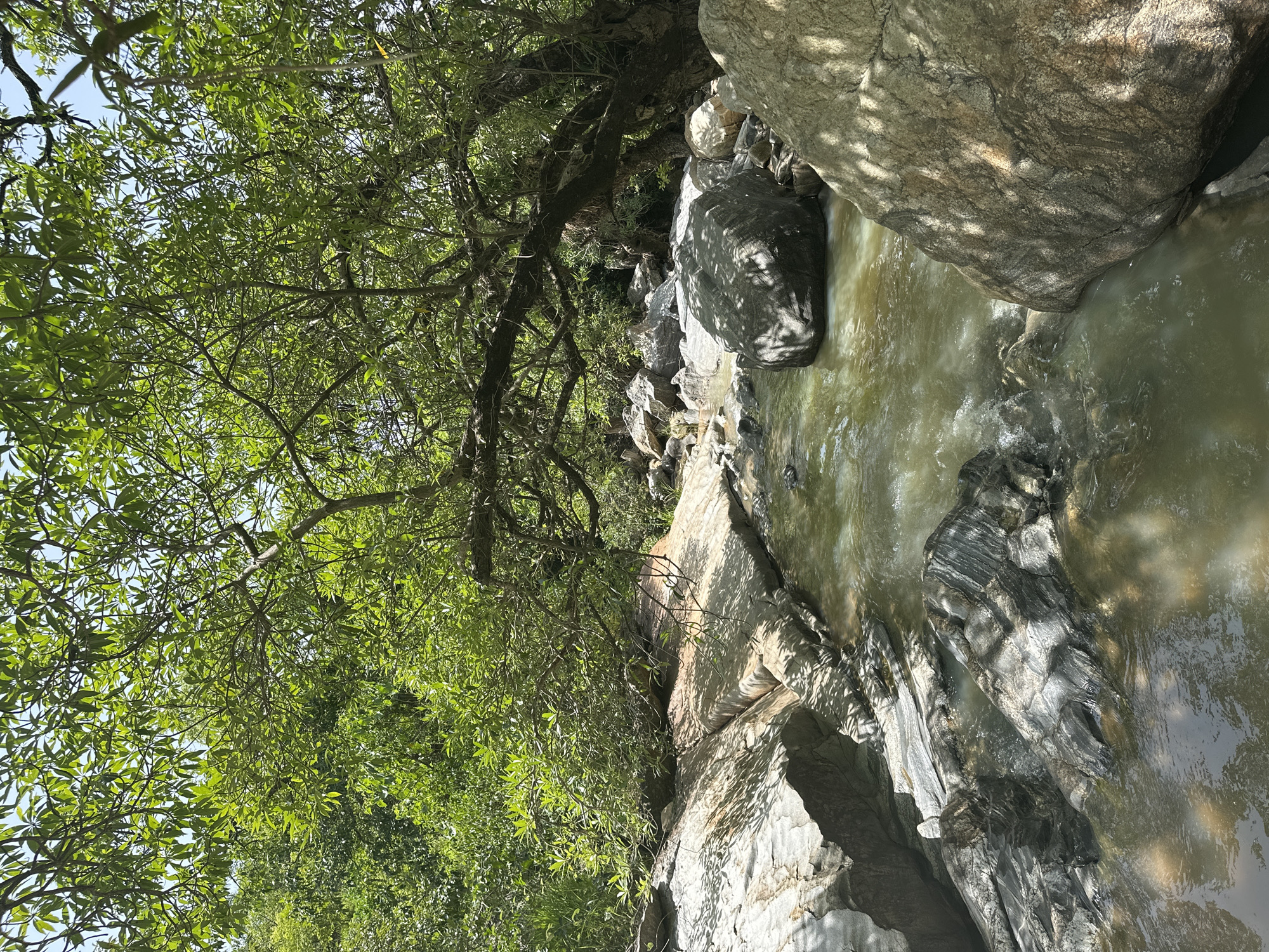 The image depicts a natural scene in Fobur, Nigeria, with a river flowing through a rocky landscape. Lush green trees with abundant foliage dominate the left side of the frame, with sunlight filtering through their branches, casting dappled shadows on the rocks and water. Large, weathered boulders, some with distinct striations, line the riverbanks and are partially submerged in the water. The river itself appears shallow and somewhat murky, with visible currents and small ripples. The overall impression is one of a serene, natural environment, likely captured during daylight hours given the brightness and shadows. There is no visible text in the image.