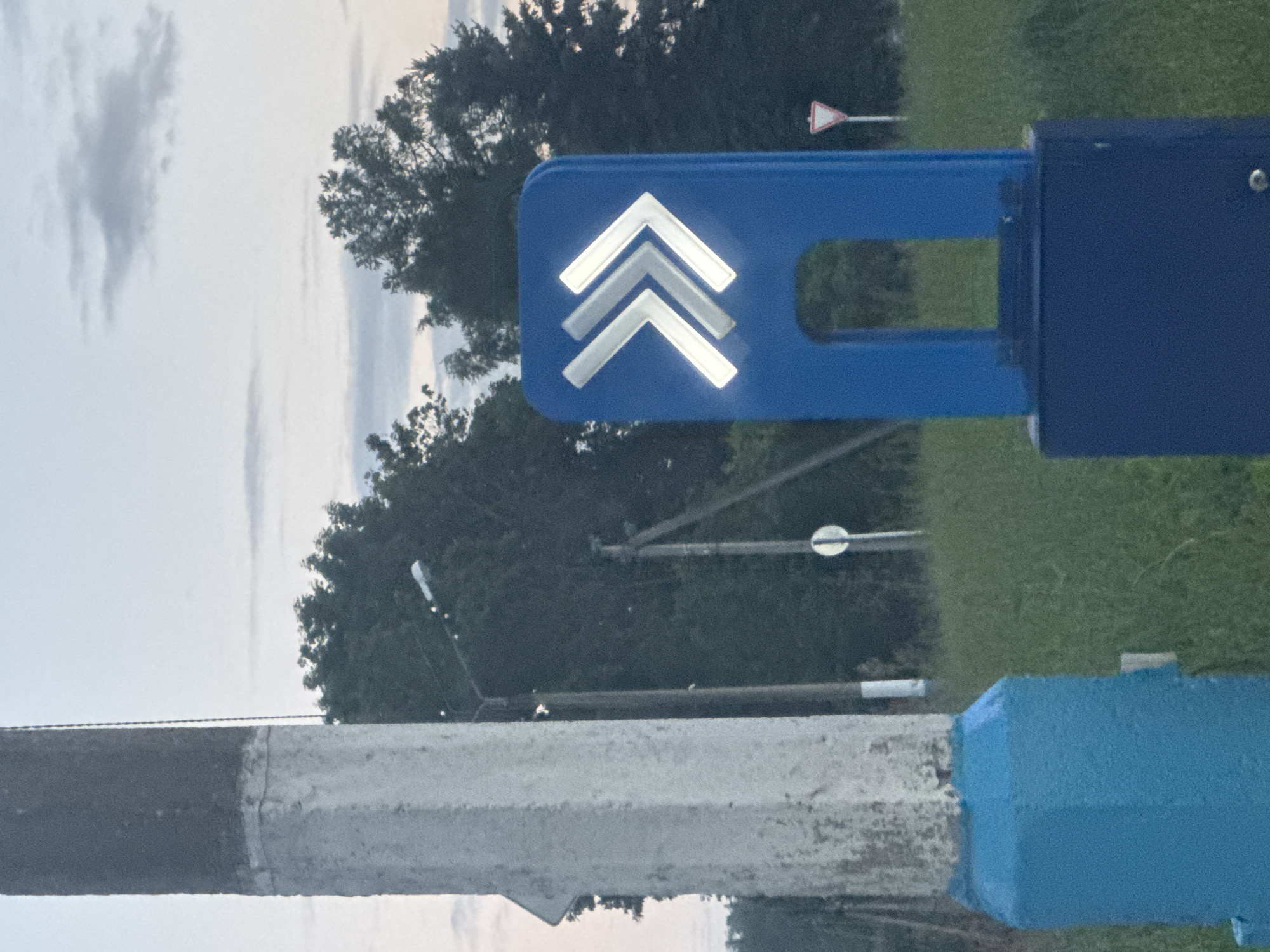 The image shows a blue directional sign with three white chevrons pointing to the right, indicating a path or direction. The sign is mounted on a dark blue base. In the foreground, to the left, is a large, weathered concrete post painted with blue at the bottom. Behind the sign, there is a stand of dark green trees under a cloudy sky. In the middle ground, there are utility poles and a small white circular sign. The ground is covered with green grass. This scene is located in the city of Vereya, Russia.