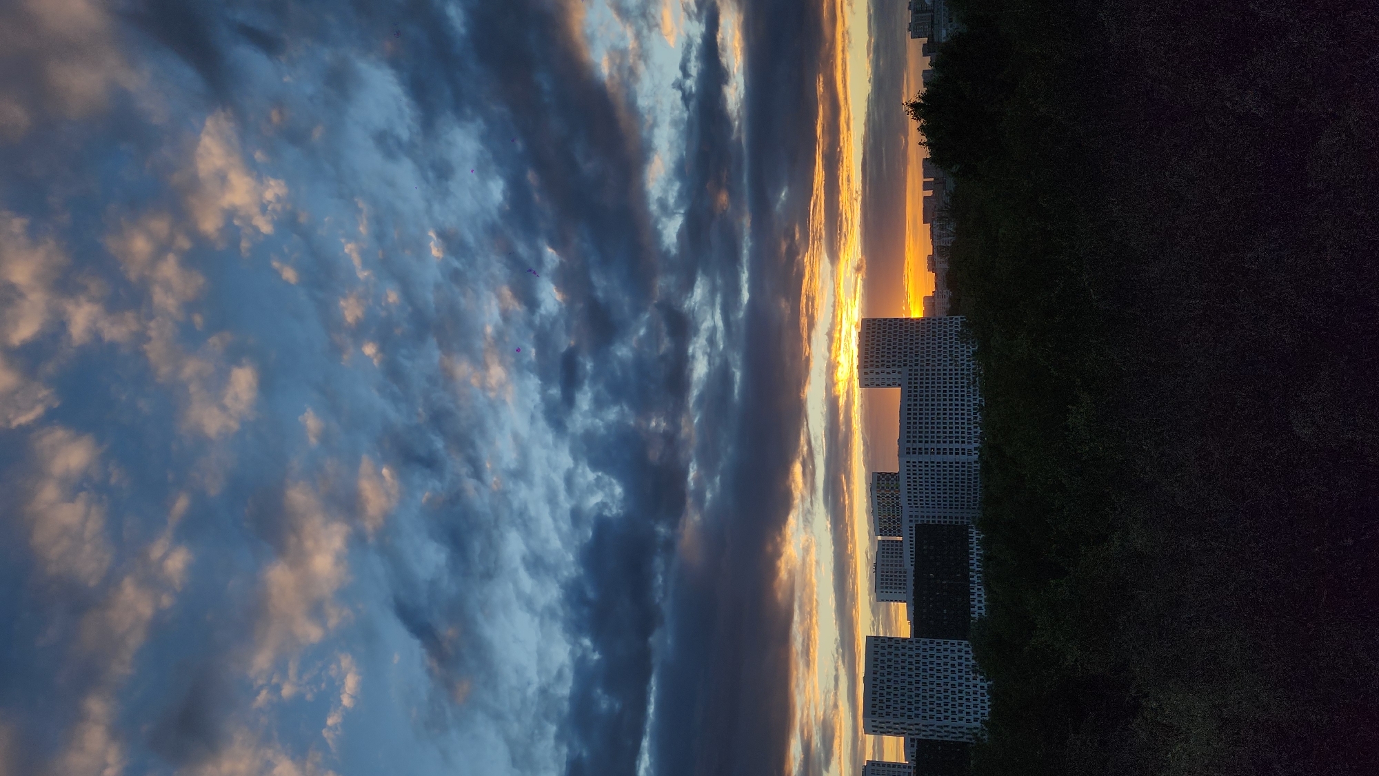 This is a vertical, eye-level, medium shot of a sunset over a cityscape in Moscow, Russia. The sky is filled with dramatic clouds, transitioning from deep blues and grays to warmer oranges and yellows near the horizon. A line of modern, multi-story residential buildings runs across the middle ground, with their white facades stark against the darkening sky. The buildings are densely packed and appear to be architecturally similar. In the foreground, there is a dense, dark mass of foliage, possibly trees, obscuring the base of the buildings and creating a silhouetted effect. The overall impression is one of urban development juxtaposed with a dramatic natural sky at dusk.