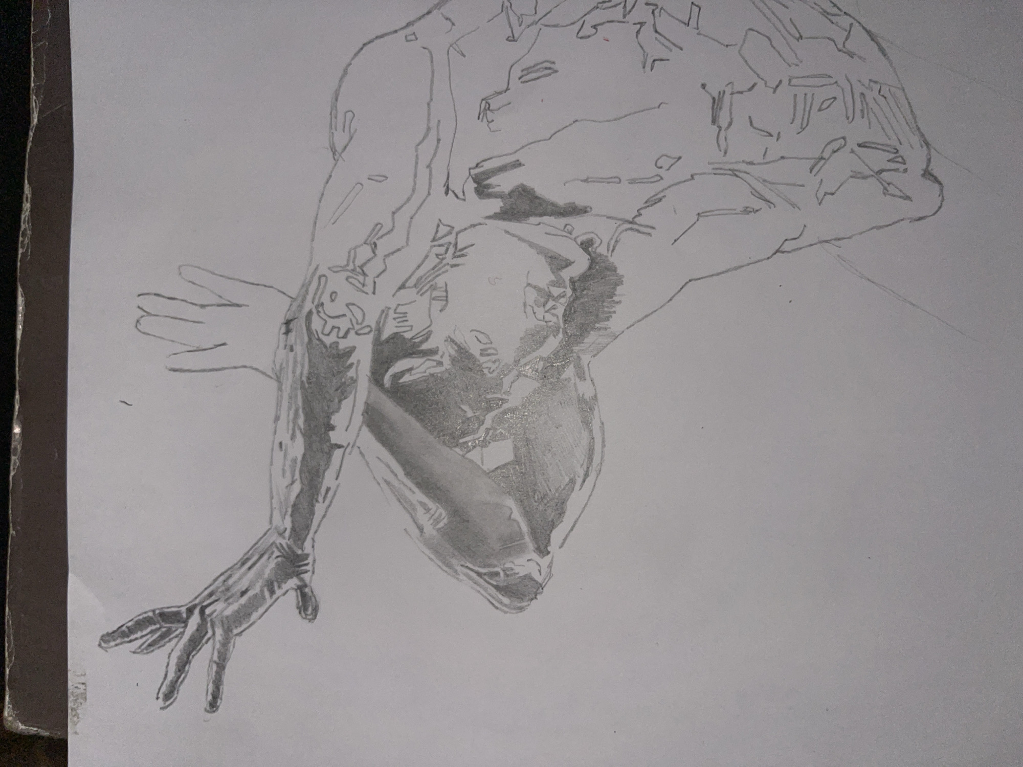 The image is a pencil drawing of a figure, possibly male, in a dynamic, downward-reaching pose. The figure is partially shaded, with some areas more defined than others. The right hand of the figure is extended and detailed, while the upper torso and head are rendered with less clarity and a higher degree of abstraction. The overall composition suggests a sense of movement or falling. No details in the image indicate it is taken in Jos, Nigeria.