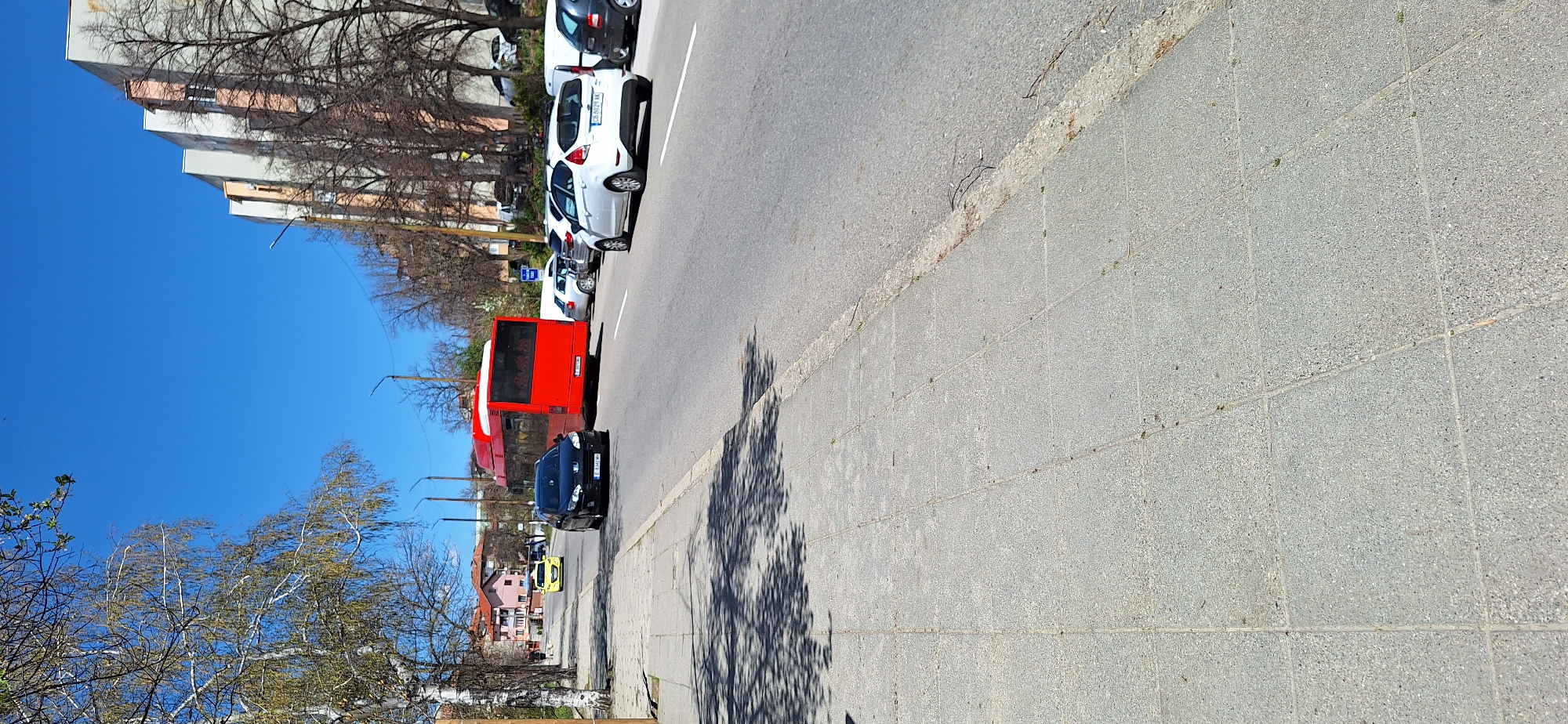 The image shows a street scene in Blagoevgrad, Bulgaria, on a sunny day. A red bus is parked along the side of the road next to several parked cars. A black car is right behind the bus. Bare trees line the street, casting shadows onto the sidewalk. Buildings are seen in the background. The sky is clear and blue.