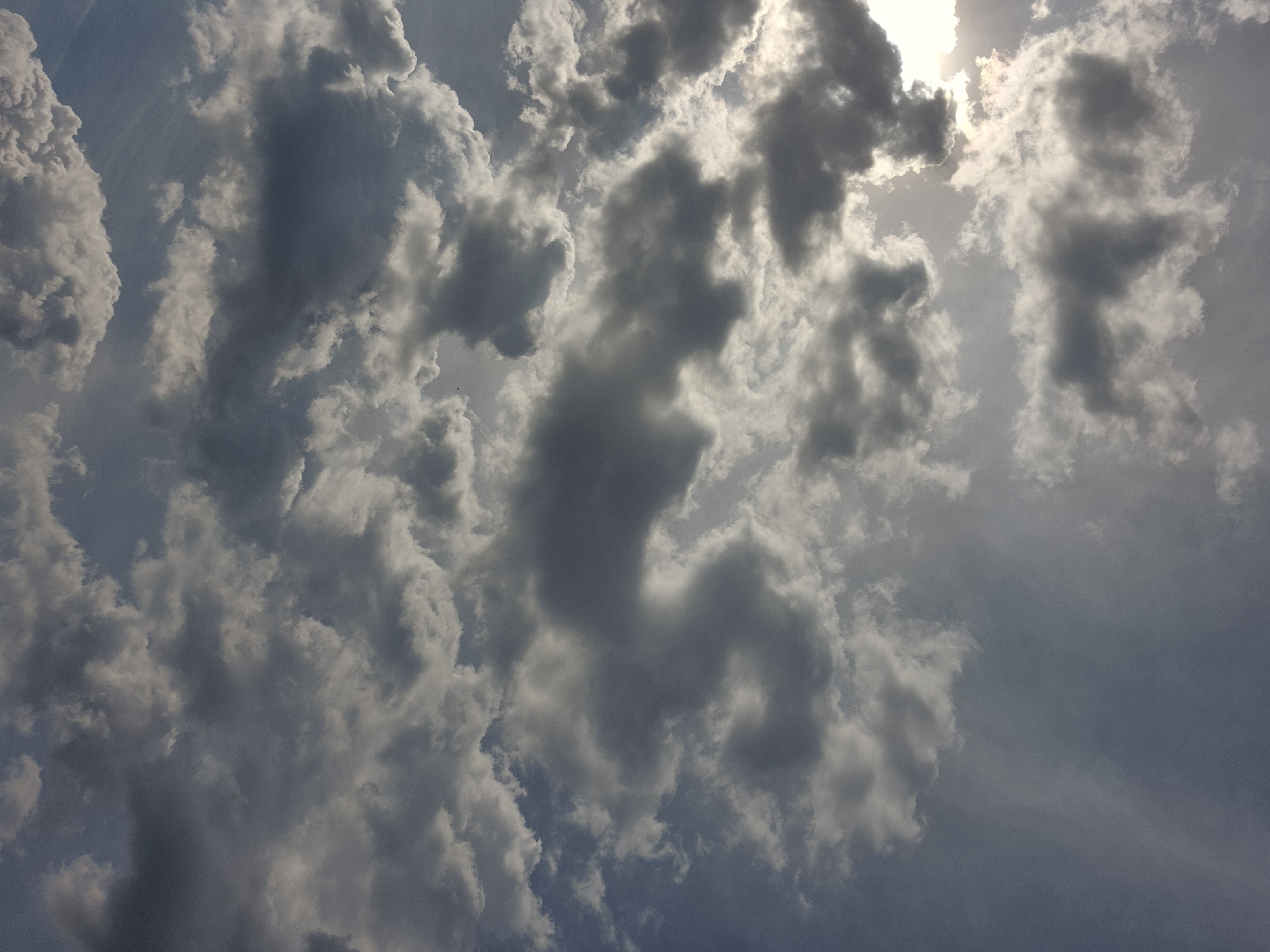 A low-angle, full-frame shot captures a dramatic sky filled with dark, gray storm clouds. The sun is partially visible, peeking through a gap in the clouds on the left side of the frame, casting a bright, diffused light that illuminates some of the cloud edges. The clouds are textured and varied, with some appearing wispy and translucent while others are thick and dense, creating a sense of depth and movement. The overall impression is one of impending weather change.
