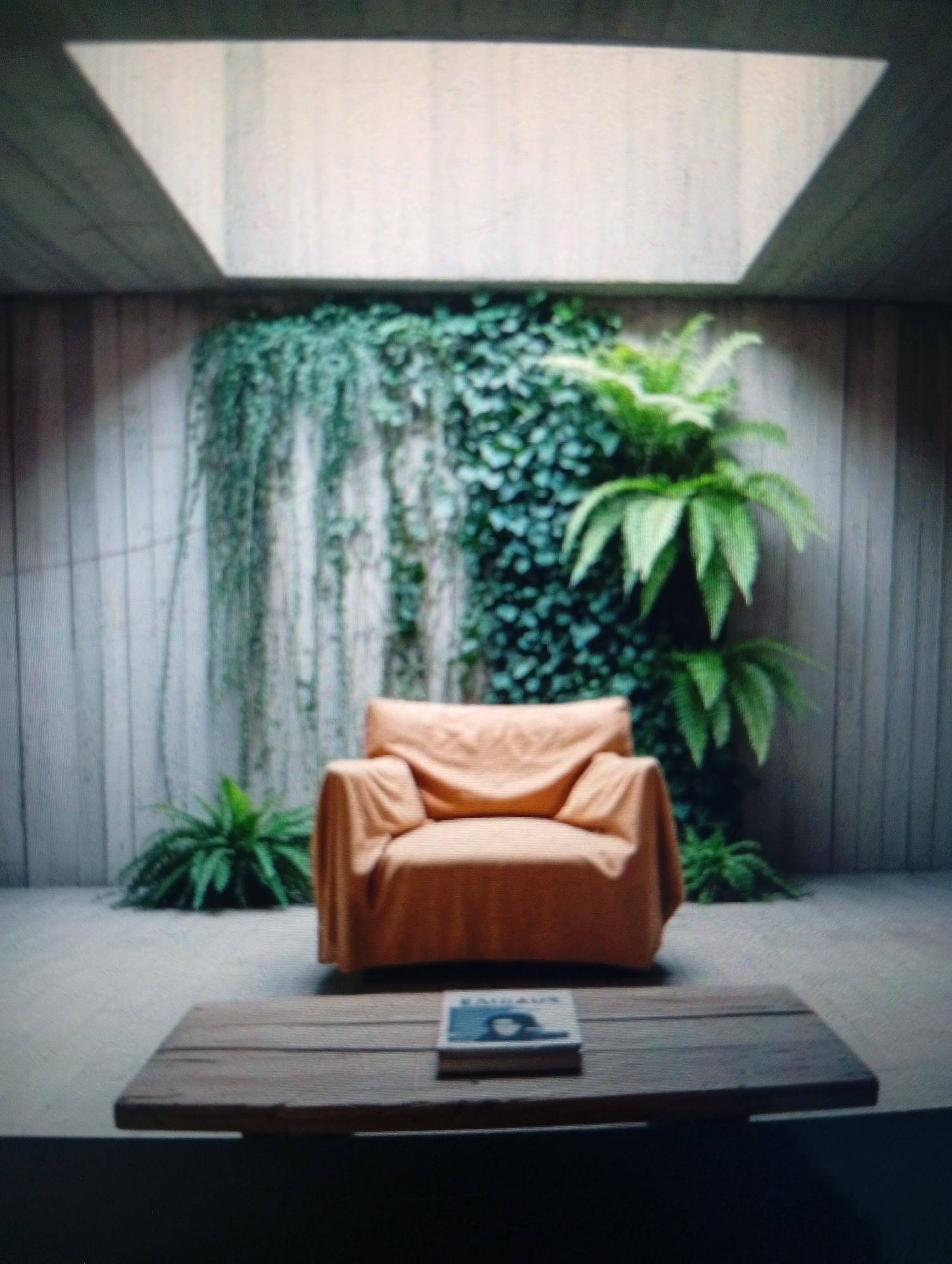 The image depicts an indoor space, possibly a living room or studio, featuring a minimalist aesthetic. The walls are lined with vertical wooden panels, and a rectangular skylight provides natural light. A wall-mounted vertical garden with various plants, including cascading vines and ferns, serves as a backdrop. An orange armchair draped with fabric is positioned in the center of the room. In front of the armchair, there is a low, wooden coffee table with a book placed on top. The book appears to have a portrait on the cover and the word "BAUHAUS" printed on it. The floor is light gray, possibly concrete or tile.
There is no evidence that this image relates to Dutsen Alhaji, Nigeria.