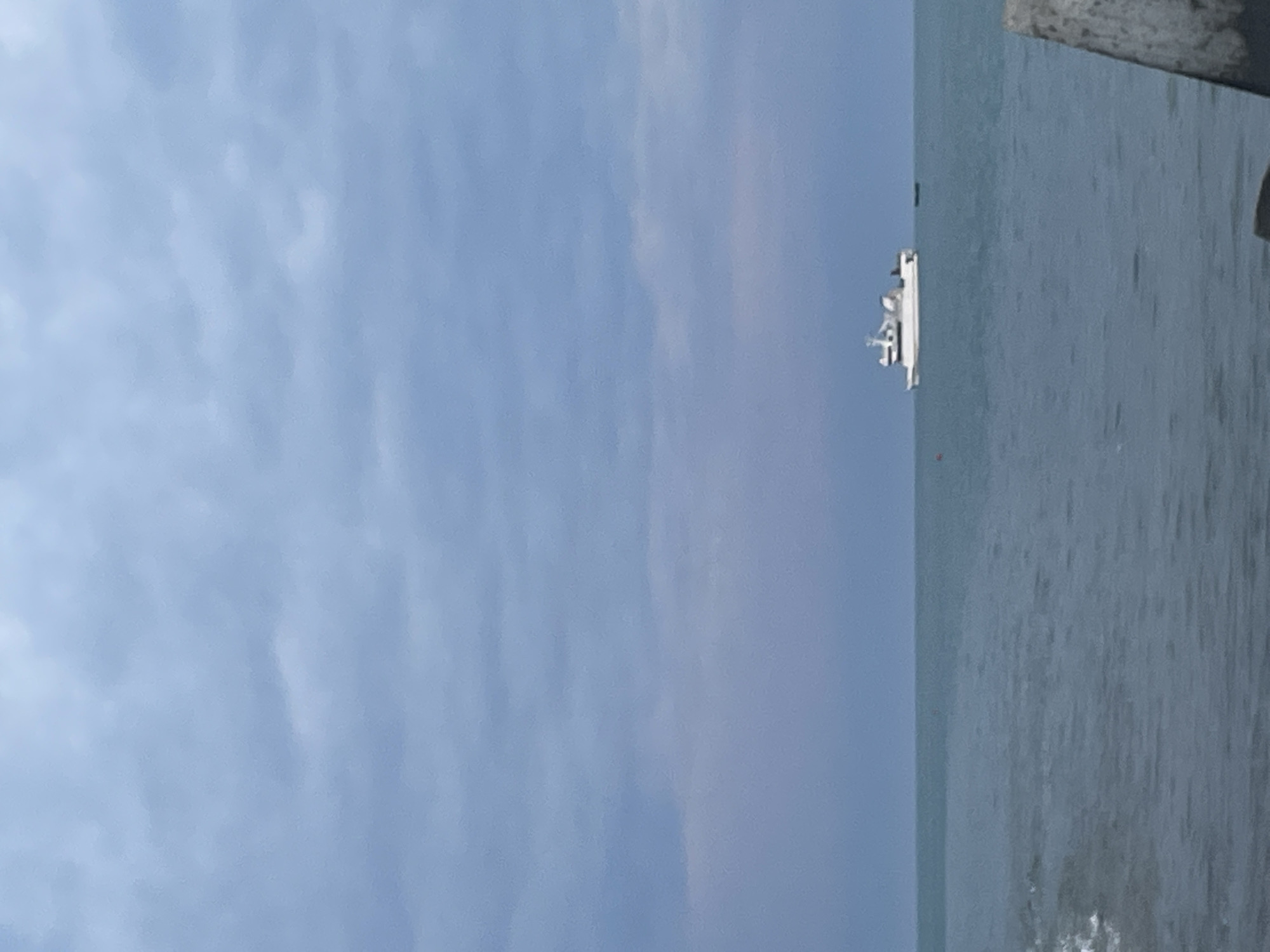 A vertical, wide shot captures a body of water with a light blue sky above. A small, white boat with a distinct superstructure is visible on the right side of the image, sailing on the calm, blue water. The boat appears to be distant, as it is small in the frame. The sky is partly cloudy, with streaks of white clouds against a pale blue background. The overall impression is one of a serene day at sea, likely during daylight hours. The image does not contain any visible text.