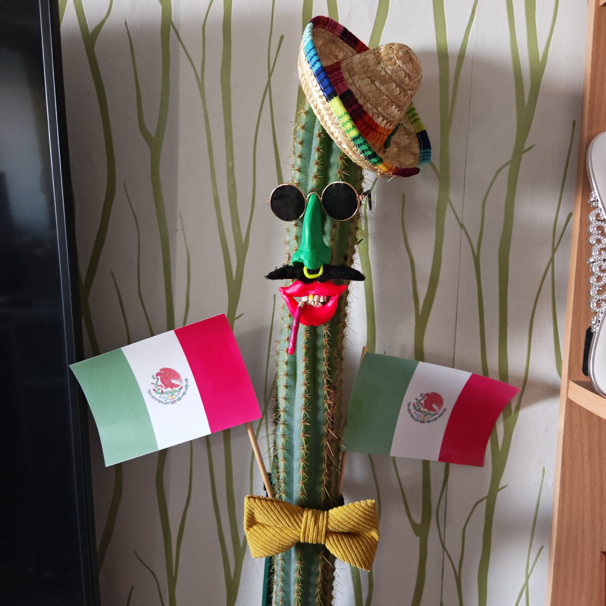 A decorated cactus is the central subject of the image. The cactus is adorned with a small sombrero hat, round sunglasses, a green nose, a black mustache with a yellow nose ring, and large red lips with visible teeth and a red tongue hanging out. A yellow bowtie is tied around the lower portion of the cactus. Two small Mexican flags are positioned on either side of the cactus. The background is a light-colored wall with a pattern of stylized green branches. To the left of the cactus, a portion of a black object, likely a television or other electronic device, is visible. To the right, a wooden shelf is partially visible with a light-colored object. There is no indication of location or the city of Rostov, Russia.