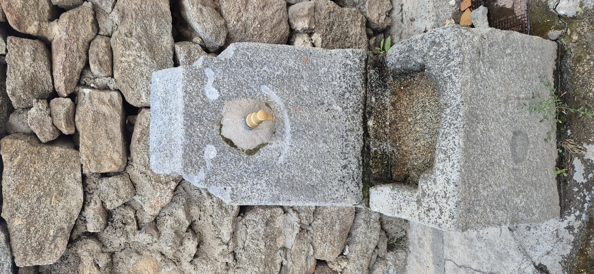 A stone fountain with a brass spigot is centered in the frame, set against a rough stone wall. The fountain has a carved basin beneath the spigot, filled with water and sediment. The stone of the fountain appears weathered and has some moss growth. There are plants growing around the base of the fountain and in the basin. The ground in front of the fountain is wet and cracked. The overall setting appears to be outdoors, possibly in a rural or historic area.