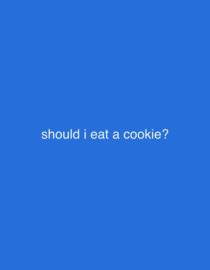 The image is a plain blue background with white text in the center that reads "should i eat a cookie?". There are no visible people, subjects, objects, actions, interactions, or environmental details, and therefore no information about the city of Munkedal, Sweden can be provided.