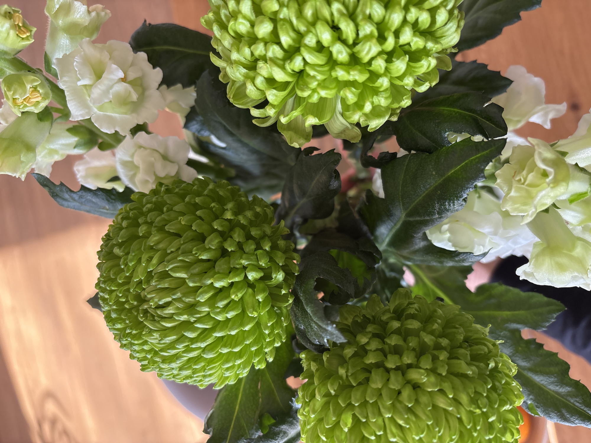 A close-up, top-down shot showcases a bouquet of flowers. The bouquet features three prominent green chrysanthemum blooms and several white stock flowers amidst dark green leaves. The flowers are arranged in a vase, partially visible at the bottom of the frame. The composition suggests an indoor setting on a wooden surface. There is no visual information present to confirm its location in Chaikovsky, Russia.
