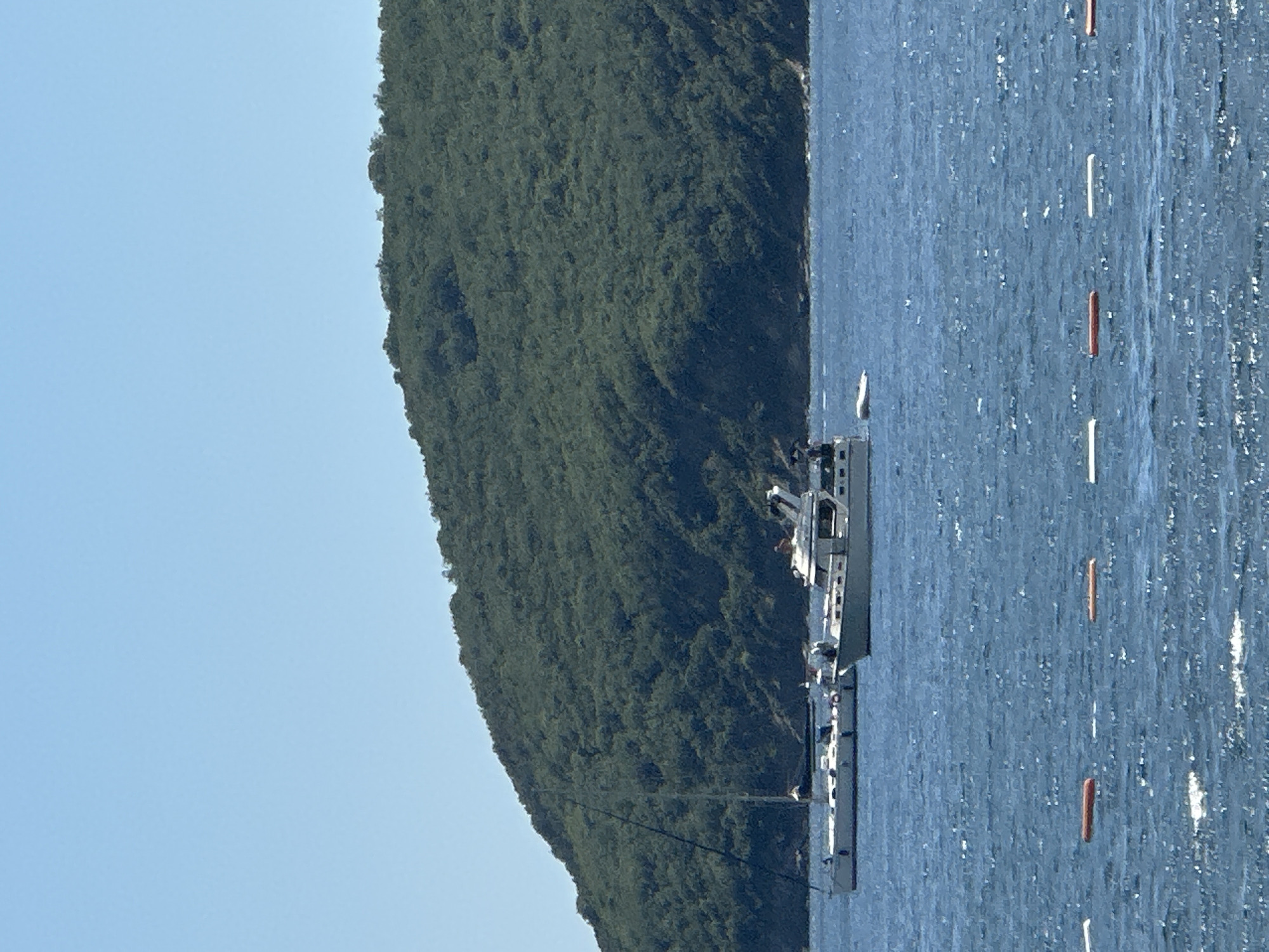 The image depicts a scene in Budva, Montenegro, with the Adriatic Sea in the foreground and a densely forested hillside in the background. The water is a deep blue, with ripples on the surface indicating a slight breeze. A line of buoys, alternating between white and orange, marks the edge of a swimming area.
In the middle ground, two boats are anchored. The larger boat on the right is a white motor yacht with several people visible on deck. To its left, a white sailboat is moored, its tall mast extending into the clear blue sky. The hillside behind the boats is covered in lush green trees, forming a steep incline that dominates the upper portion of the image. The sky is a bright, cloudless blue.