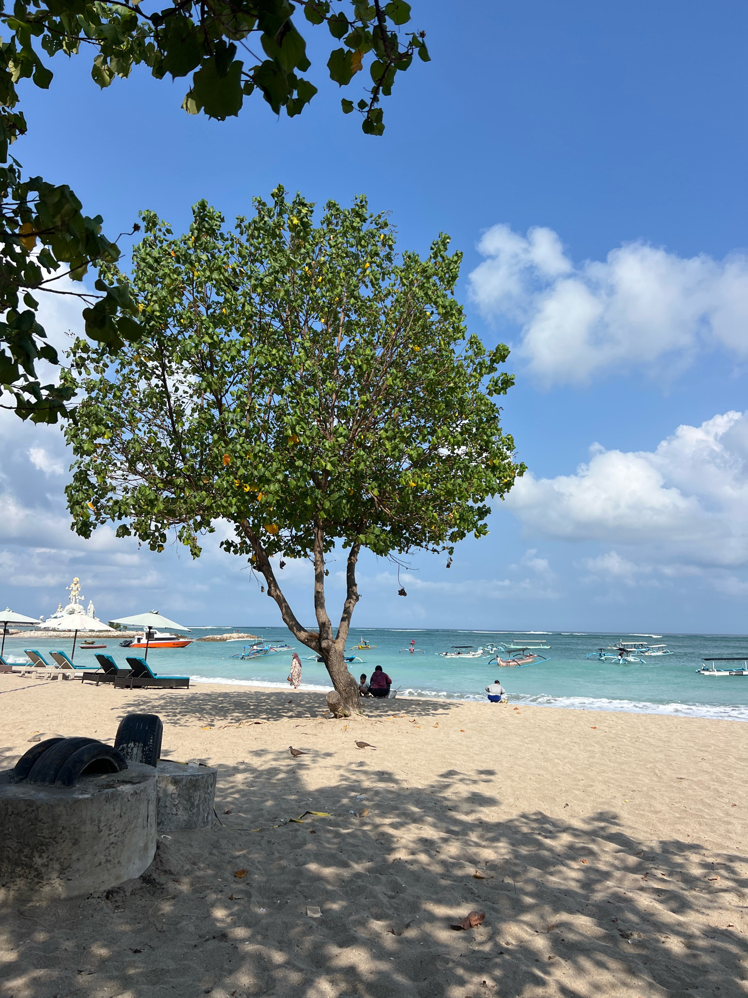 In Kuta, Indonesia, a serene beach scene unfolds under a bright blue sky dotted with fluffy white clouds. A large, leafy green tree stands prominently in the foreground, casting dappled shadows across the golden sand. To the left, lounge chairs and umbrellas are neatly arranged, suggesting a tranquil day for beachgoers. The turquoise ocean stretches out, dotted with numerous traditional Balinese boats, known as jukung, gently bobbing on the water. In the distance, a statue of a deity, likely Garuda Wisnu Kencana, looms against the horizon, a cultural landmark. Several individuals are scattered across the beach, some relaxing under the tree, others near the water's edge, and a woman in a floral dress strolls along the shore. A few birds peck at the sand in the foreground, adding to the peaceful ambiance of this coastal paradise.