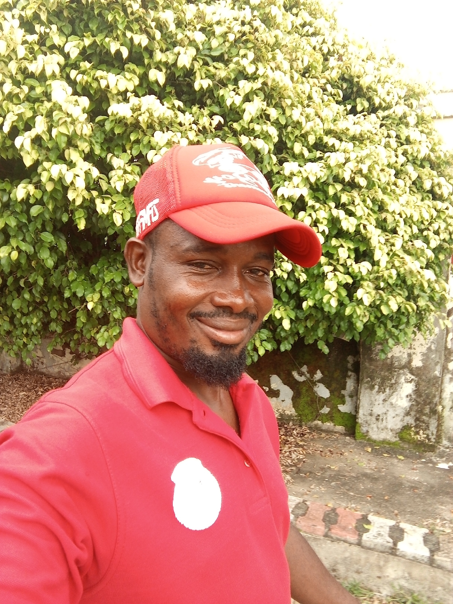 In Gwarinpa, Nigeria, a medium shot captures a Black man in his 30s, smiling and looking towards the camera. He wears a red polo shirt and a red baseball cap with white lettering. His head and upper torso are visible, with a lush green hedge as the backdrop. To his right, a partially visible, rough concrete wall with moss and lichen is present. The ground in front of the hedge shows a mixture of dry leaves, dirt, and paved sections. The lighting suggests it's daytime.