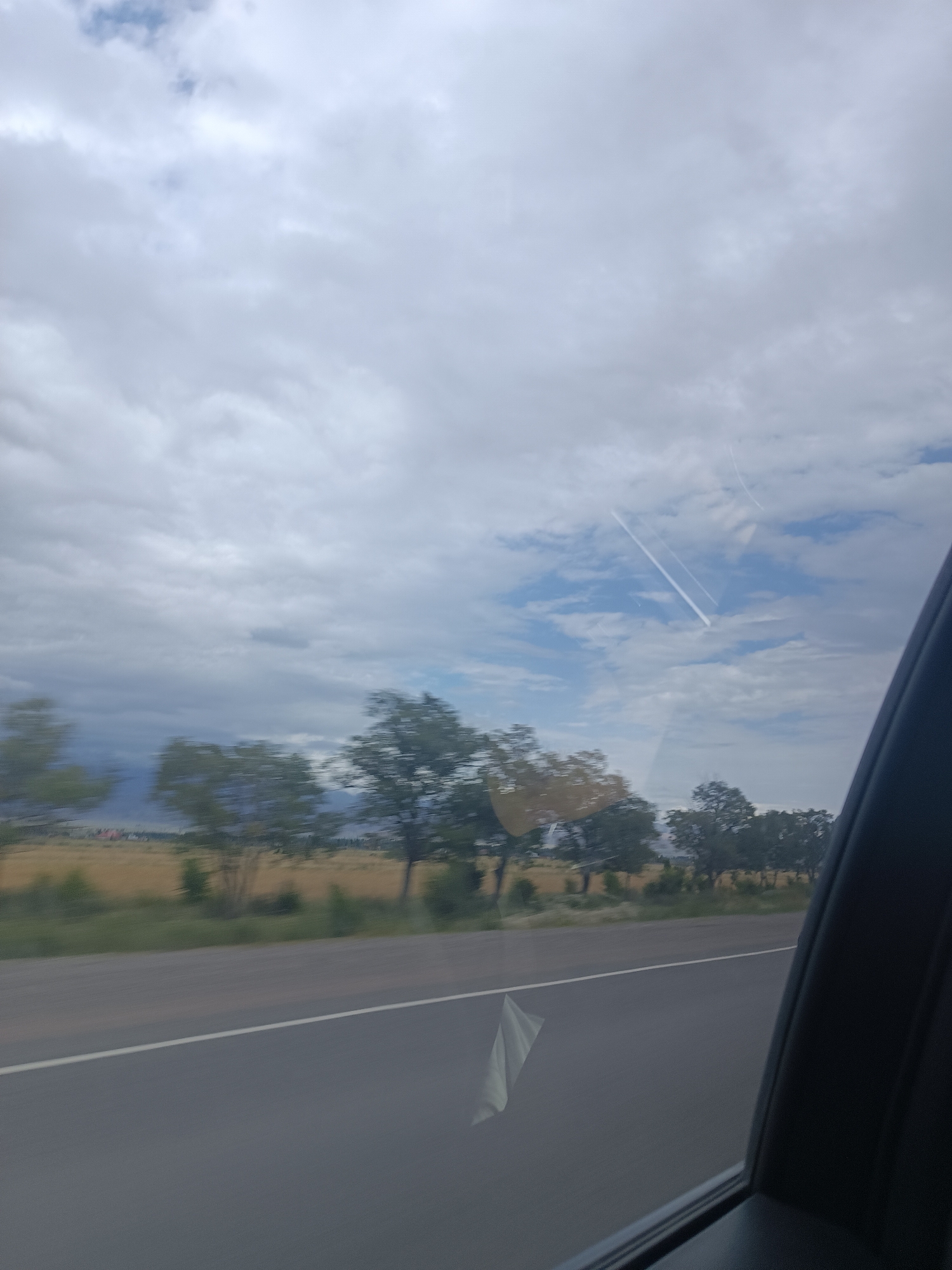 The image captures a view from a vehicle moving along a road, likely in or near the city of Sasyk-Bulak, Kyrgyzstan. The scene is dominated by a vast expanse of cloudy sky, with patches of blue peeking through. Two distinct white contrails from aircraft are visible in the upper portion of the sky. Below the sky, a blurred landscape unfolds, featuring a line of trees with their leaves appearing somewhat indistinct due to motion. These trees are situated behind a field of dry, golden-yellow grass, suggesting a rural or semi-rural setting. A paved road with a white line marking its edge runs horizontally across the lower part of the image, indicating the perspective is from a moving vehicle. The right edge of the image is partially obscured by the dark interior of the vehicle, likely a car window frame. There are no people visible in the frame. The overall impression is one of a journey through a somewhat overcast but open countryside.