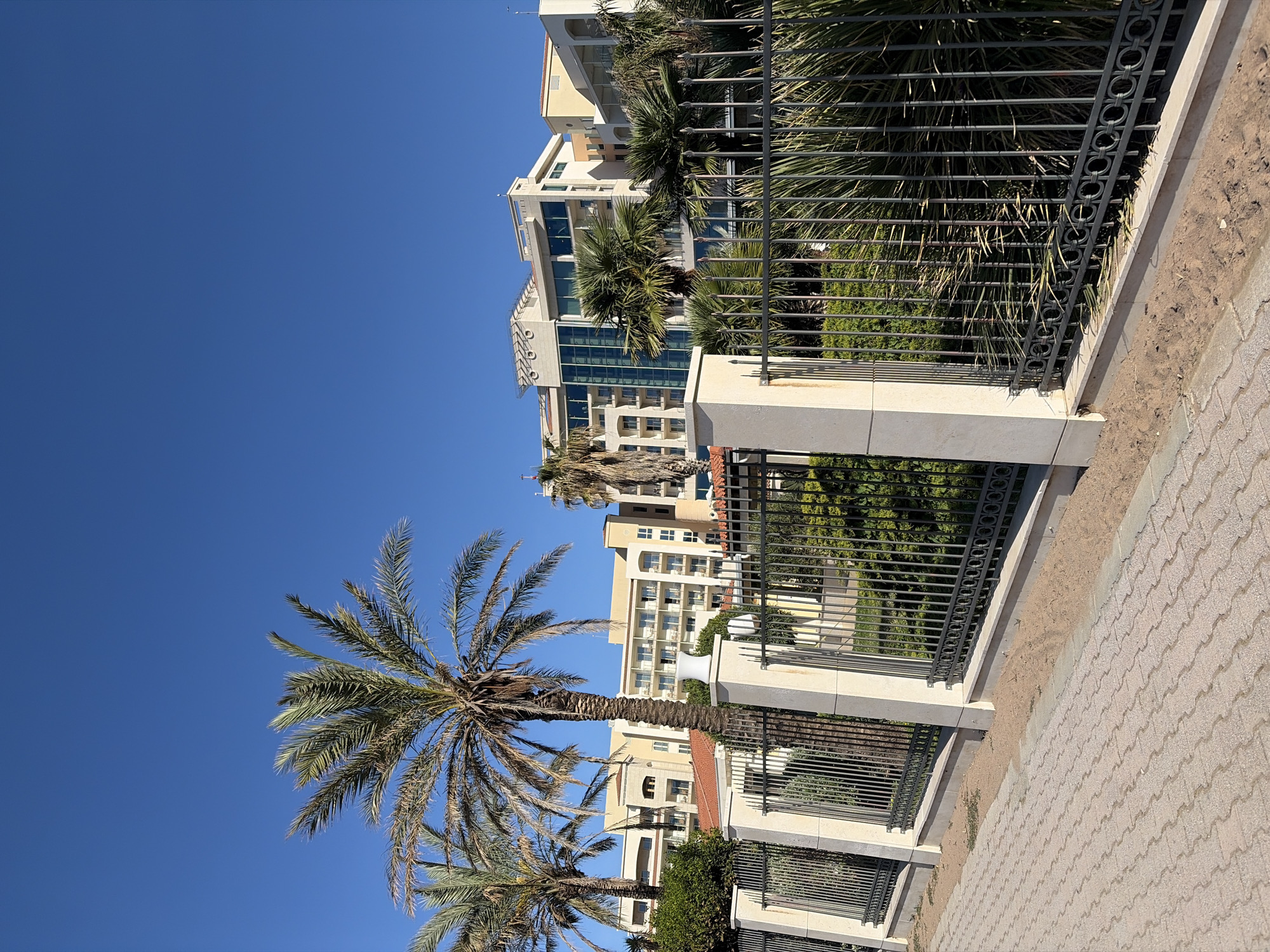 The image shows a view of a street with a palm tree and a building complex in Boreti, Montenegro. The clear blue sky is visible above the palm tree. A black metal fence runs along the right side of the image, bordering a sidewalk paved with interlocking bricks. Behind the fence, there is greenery. Several multi-story buildings are visible in the background, featuring architectural details such as balconies, windows, and terraces. The buildings appear to be part of a resort or residential complex.