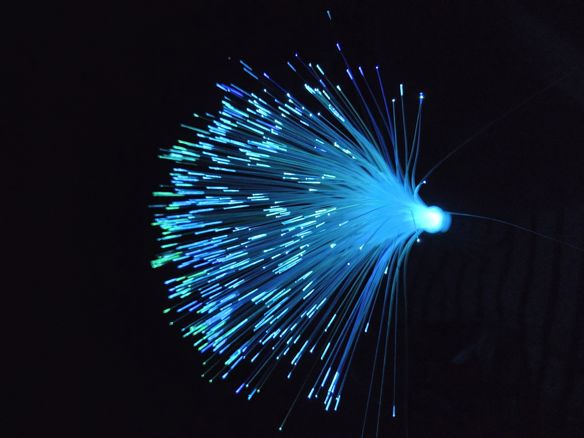 A close-up shot reveals a cluster of fiber optic strands emanating from a central light source against a dark background. The strands glow with shades of blue and green, creating a radiating pattern. There are no people in the image, and there's no indication of location in Cherkovitsa, Bulgaria.