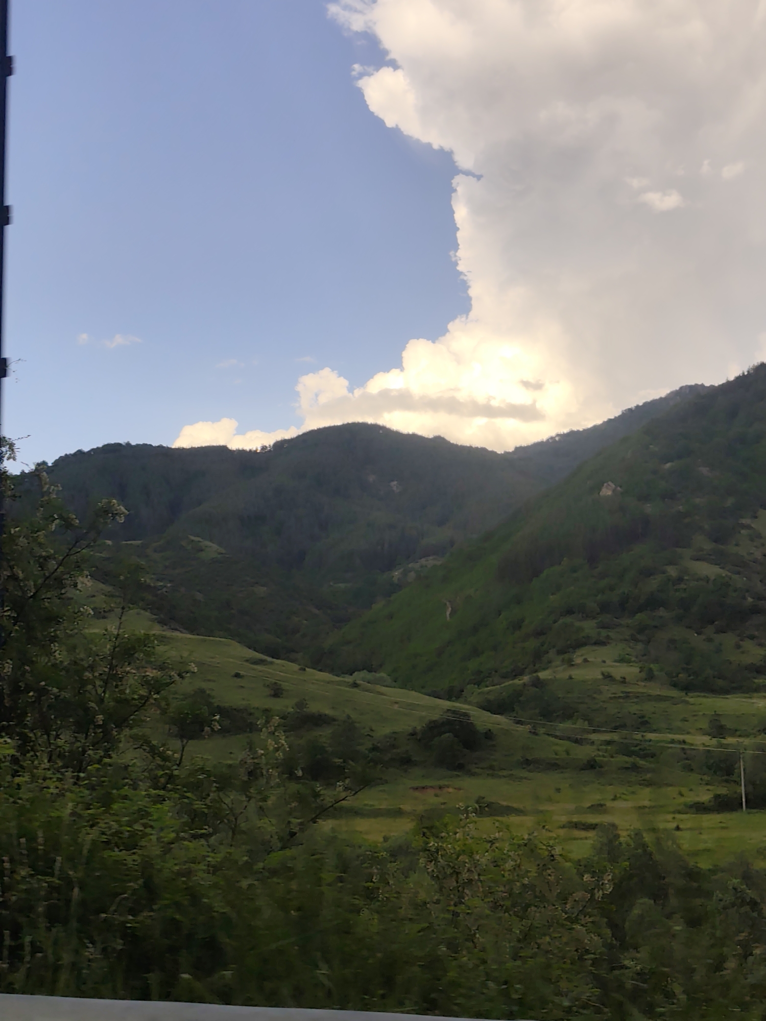The image depicts a landscape with mountains, lush green meadows, and a sky with blue patches and large white clouds. The mountains are covered in dense vegetation. The foreground shows trees and bushes, while the middle ground features rolling hills. A utility pole is visible on the right side of the image. The location is likely Mesta, Bulgaria, based on the prompt.