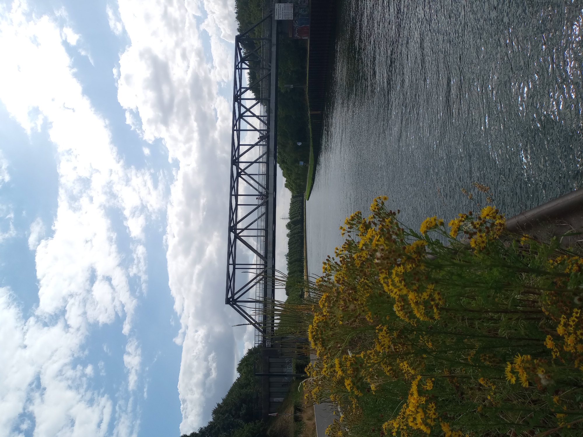 A metal truss bridge spans a wide, calm canal under a partly cloudy sky. Yellow wildflowers grow in the foreground on the left bank of the canal. The bridge appears to be a pedestrian and bicycle bridge, with several figures visible crossing it. On the right bank of the canal, trees line the waterway, and some graffiti is visible on a retaining wall. The image was captured from the left bank of the canal, looking towards the bridge and the opposite bank. This location is the Datteln-Hamm Canal in Lünen, Germany.