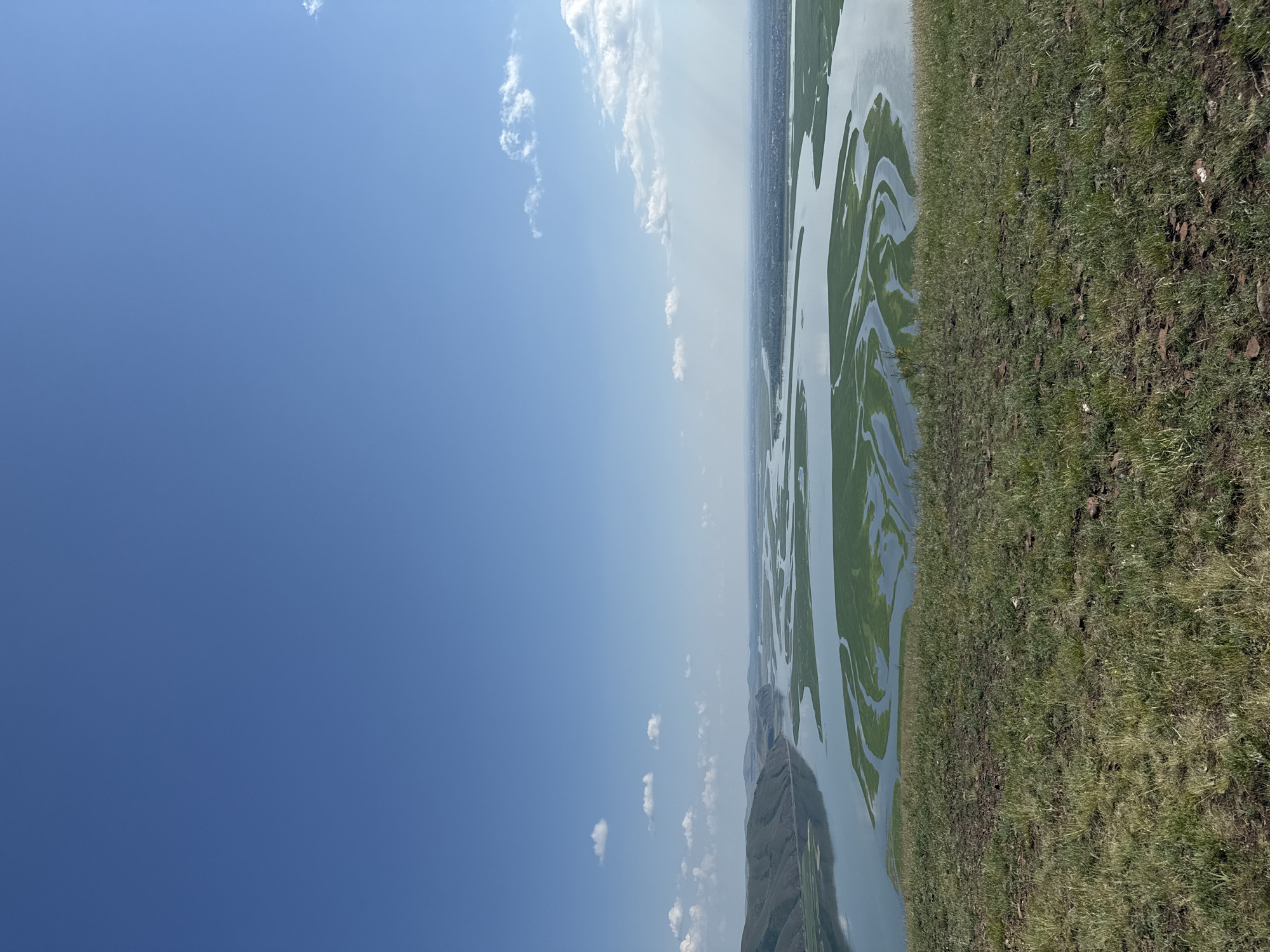 A wide, high-angle shot captures a sprawling river delta under a clear blue sky with scattered white clouds. The foreground is a grassy slope dotted with rocks and dry earth. The middle ground showcases the river system, its waters reflecting the sky, with numerous green islands and channels crisscrossing the landscape. In the background, rolling hills recede into the distance, with a town visible on the horizon. The overall scene suggests a natural landscape with human settlement at a distance.