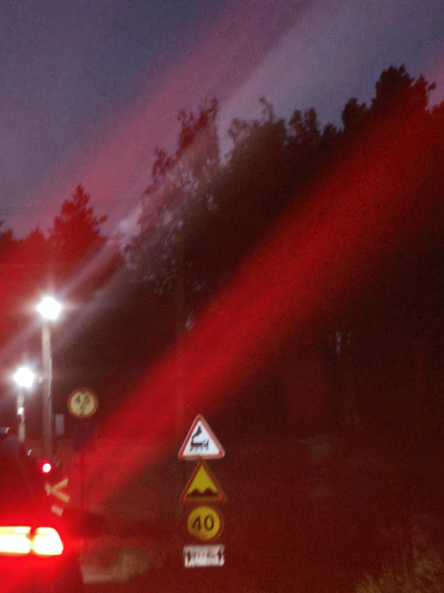 In an outdoor, nighttime setting that appears to be in a wooded area near a road, a traffic light pole with two bright white lights is visible on the left. Below the lights, a red circular light is illuminated, and a white sign with a red "V" is also present. To the right of the pole, a series of three traffic signs are stacked vertically. The top sign is a white triangle with a red border, depicting a train symbol. The middle sign is a yellow triangle with a black border, showing a wavy line, indicating a bumpy road. The bottom sign is a yellow circle with a black border, displaying the number "40", likely a speed limit. A smaller white sign with black text is below the "40" sign, but the text is illegible. A red light streak extends diagonally across the image from the top right to the bottom left. The background consists of dark trees silhouetted against a dusky, purplish sky.