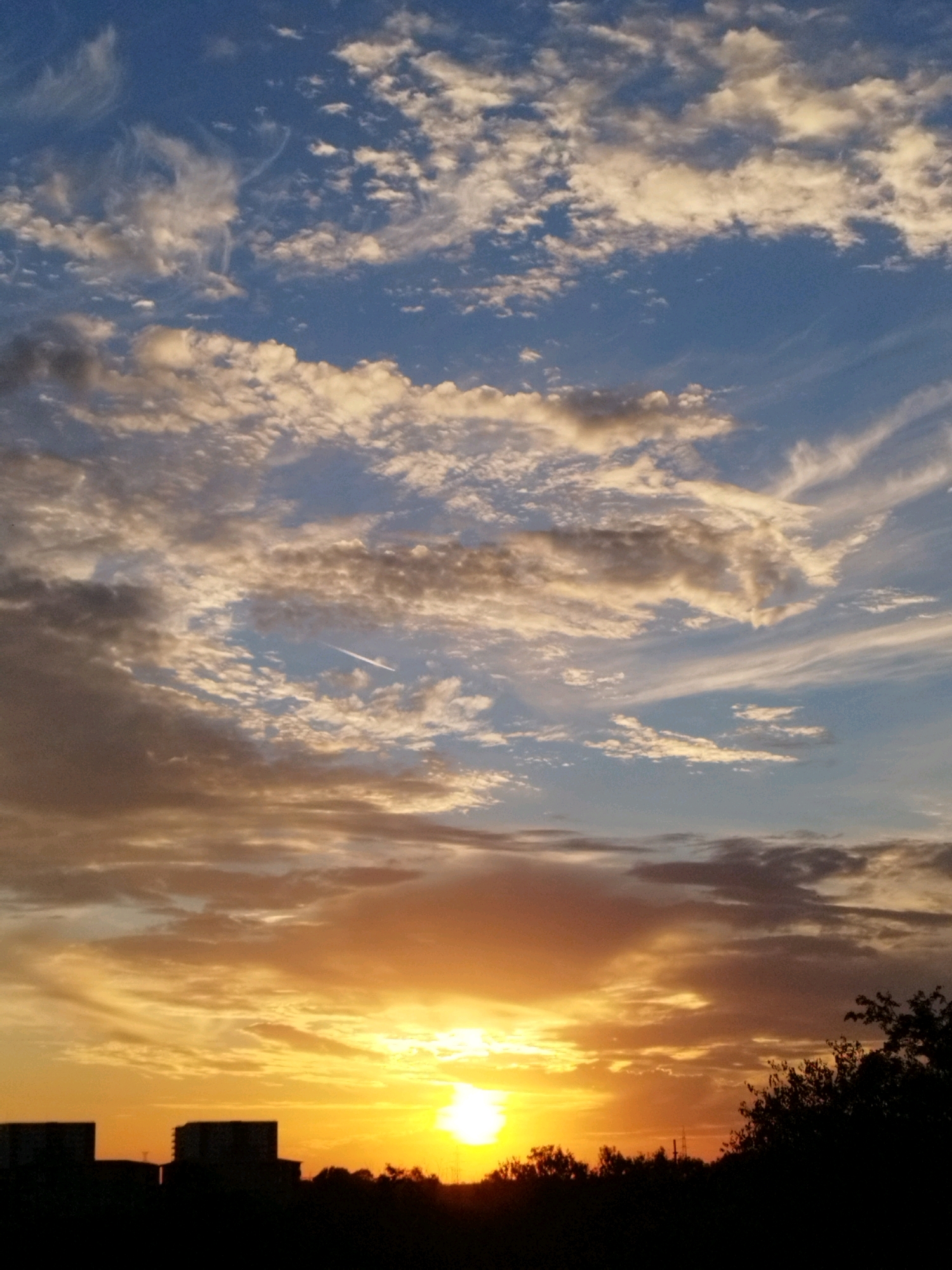 The image shows a sunset over the city of Bucharest, Romania. The sky is filled with a variety of clouds, ranging from wispy cirrus clouds to larger cumulus clouds, which are illuminated by the setting sun in hues of orange, yellow, and pink. In the foreground, silhouetted against the bright sky, are the dark outlines of buildings and trees, suggesting an urban or suburban landscape. The sun itself is a bright, intense orb on the right side of the frame, casting a warm glow across the scene. A contrail from an aircraft is visible as a faint white line across the sky. The overall impression is one of a peaceful, atmospheric evening.