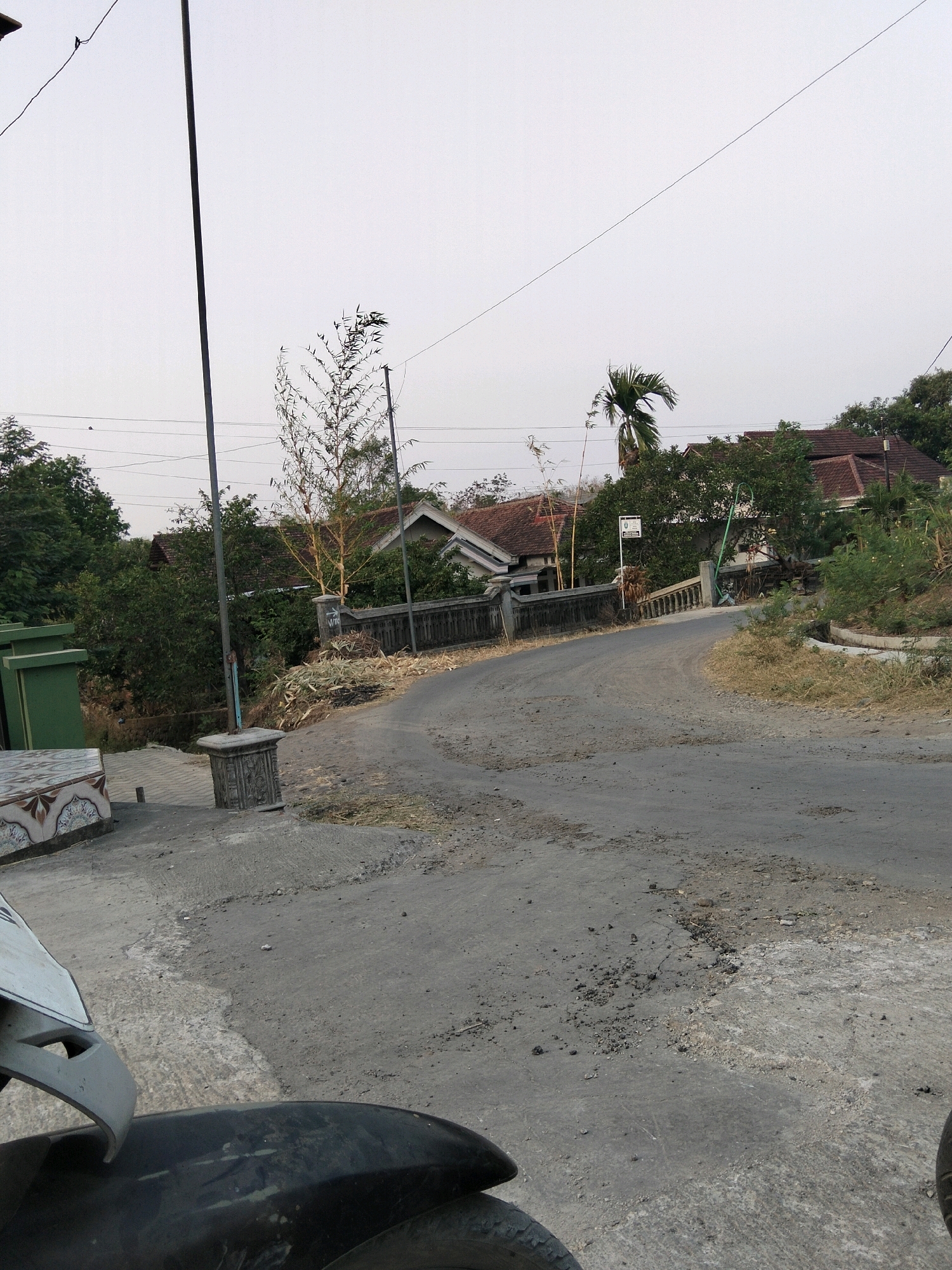 A weathered, paved road curves through a rural area in Jenangan, Indonesia. The road surface is uneven, with visible potholes and patches of debris. On the left side of the road, a green rectangular structure is partially visible, and next to it, a low wall with decorative tiles. A lamppost stands in front of the wall. Further down the road, a grey stone pillar with a patterned design is situated.
The landscape is characterized by lush green trees and vegetation. Several houses with red-tiled roofs are nestled among the trees, suggesting a residential area. A fence runs along the right side of the road, bordering a slightly elevated embankment. A tall, slender tree with thin branches is prominent on the left side of the road, while a palm tree with distinctive fronds stands to the right of the houses. Overhead, utility lines stretch across the pale, overcast sky, and a single bird is visible in the distance. In the foreground, the front portion of a dark-colored motorcycle, including its handlebars and fender, is captured, indicating the photographer's perspective.