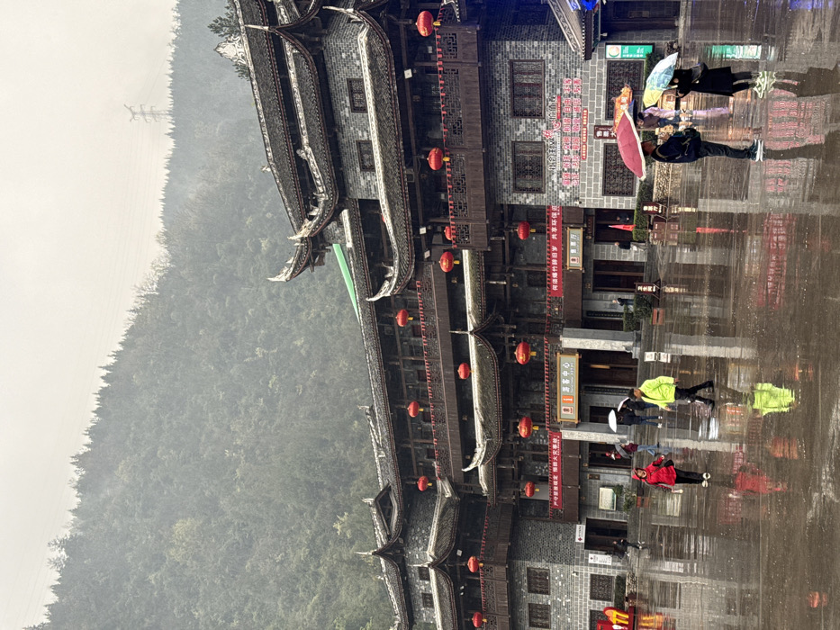The image presents an outdoor scene in Pengshui Miao and Tujia Autonomous County, China, under conditions of rain or recent rainfall, indicated by the extensively wet and reflective paved ground. The central subject is a large, multi-story building featuring traditional Chinese architecture with dark gray brick walls, multiple tiers of dark tiled roofs with distinctive upturned eaves, and ornate wooden balconies or railings on each level. Numerous red Chinese lanterns are suspended along these balconies and below the eaves. Red banners with white Chinese characters are affixed to the building's lower facade; one banner prominently displays "游客中心" (Tourist Center).
In the foreground, a wide, dark gray paved plaza is thoroughly soaked, creating strong reflections of the building and individuals. Approximately 10-15 people are visible on the plaza. On the left, a woman wearing a red jacket walks rightward. Near the center, a man in a bright yellow-green jacket walks in the same direction. On the right side, two individuals stand together, one holding a solid red umbrella and the other a light multi-colored umbrella. Several other figures are dispersed across the plaza, some holding umbrellas.
The background consists of a densely forested mountain or large hill, partially obscured by atmospheric haze or mist. A power transmission tower is faintly visible on the upper right slope of this distant hillside.