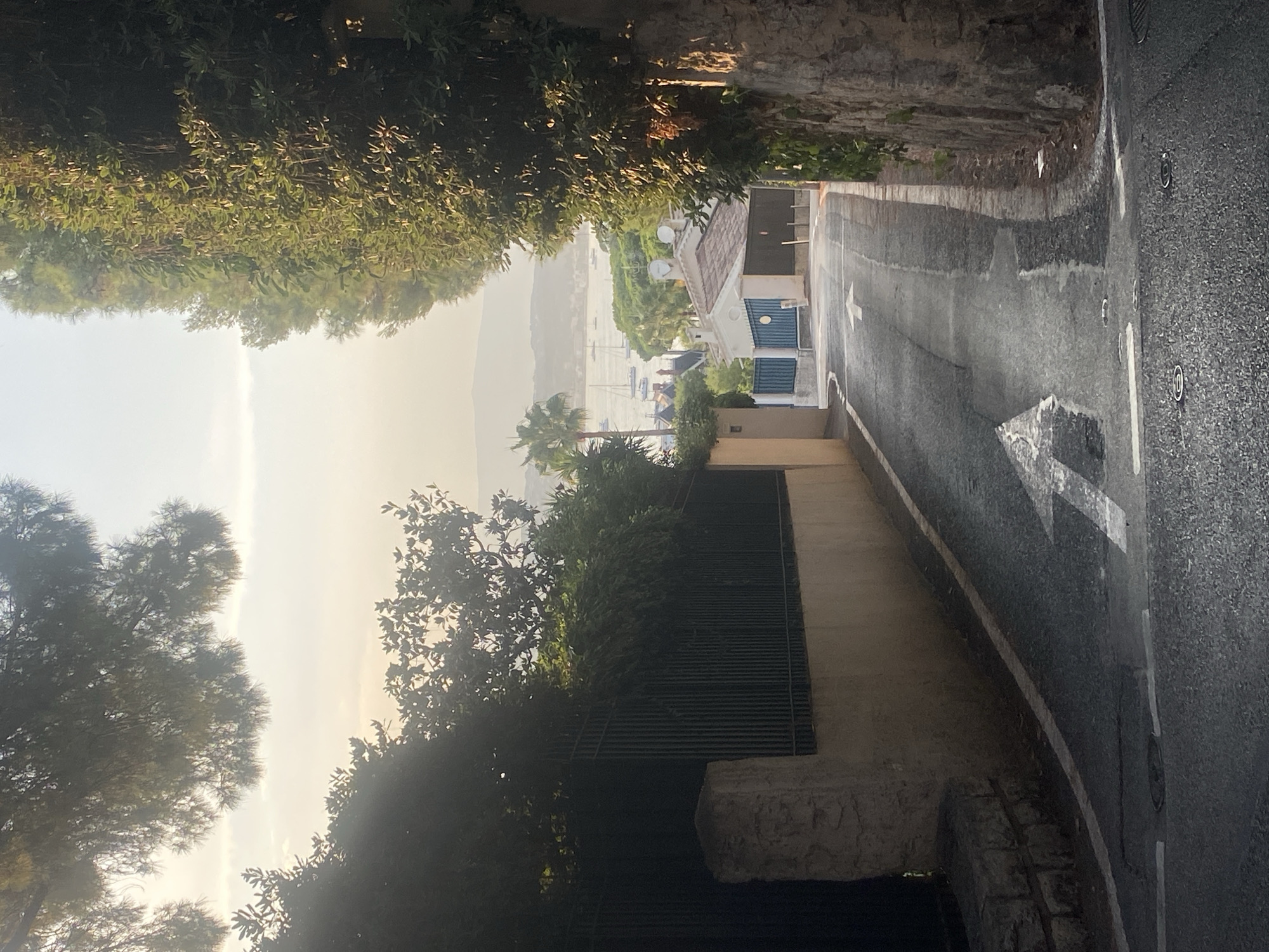 The image depicts a narrow, paved road winding uphill through a residential area in Antibes, France. The road is bordered on the left by a tall, dark metal fence covered in ivy, behind which a stone wall and more foliage are visible. On the right, a rough stone wall forms the edge of the road. The road itself is marked with a white arrow indicating the direction of travel. In the distance, a body of water, likely the Mediterranean Sea, is visible with several sailboats anchored. A few buildings with tiled roofs are nestled amongst palm trees and dense green vegetation. The sky is hazy and bright, suggesting either early morning or late afternoon light. No people are visible in the scene.