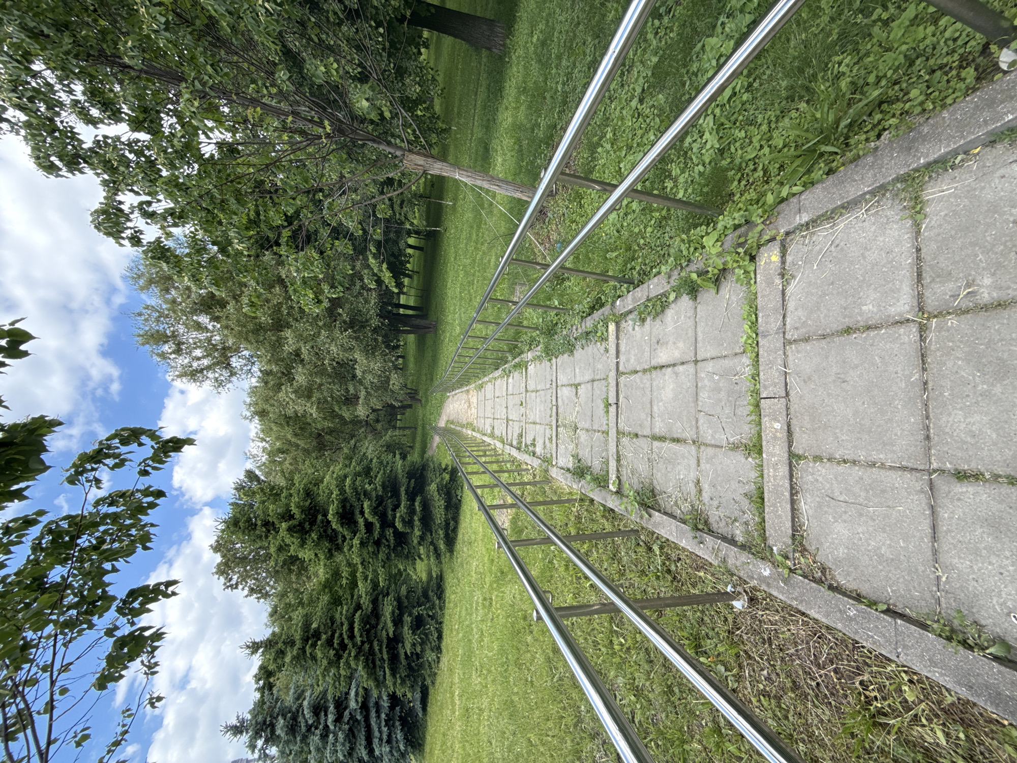 This outdoor image, taken in Moscow, Russia, features a long, straight paved walkway extending into the distance under a partly cloudy blue sky. The walkway is constructed from rectangular grey concrete slabs, with weeds and small plants growing in the cracks and along its edges, suggesting age or infrequent maintenance.
To the right of the walkway, a sturdy silver-colored metal railing runs parallel to the path, stretching far into the background. This railing, possibly a handrail or barrier, consists of multiple horizontal bars supported by vertical posts. Between the railing and the paved path, a strip of wilder green grass and vegetation is visible.
On the left side of the walkway, there is a wide expanse of well-maintained, bright green grass. This grassy area is bordered by a variety of trees, including leafy deciduous trees with lighter green foliage and darker, denser evergreen trees, which create a lush natural backdrop.
The sky above is a bright blue with scattered white, fluffy clouds, indicating clear and sunny weather, likely during the daytime. No people or specific activities are observed in the static scene. The linear perspective of the path and railing draws the eye towards the horizon, emphasizing the depth of the tranquil park-like setting. No text is visible in the image.