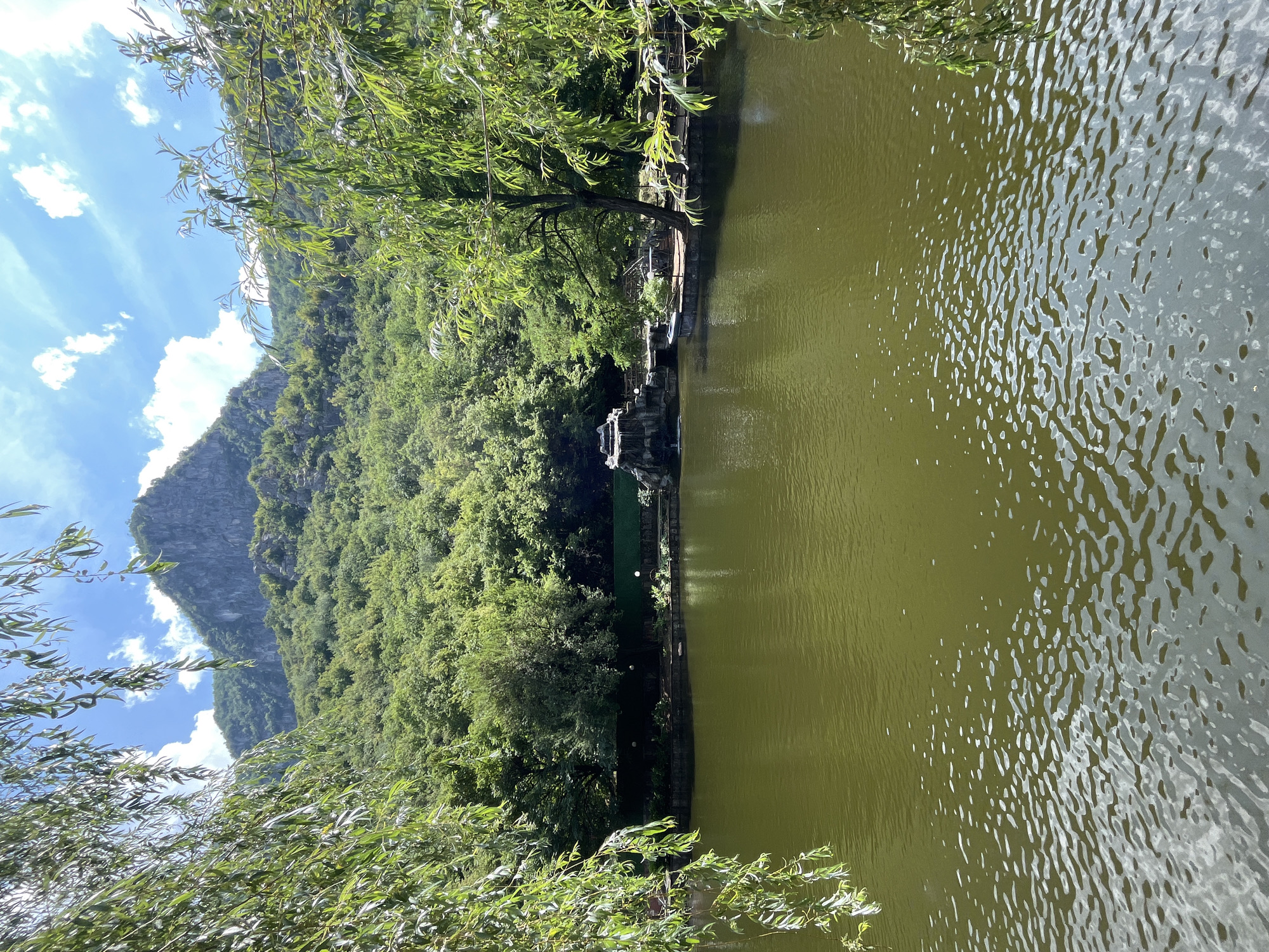 The image depicts a serene natural scene in Vratsa, Bulgaria, likely at the Vratsata Gorge Nature Park. In the foreground, a calm, olive-green lake reflects the dappled sunlight. Willow branches, heavy with green leaves, frame the left and right sides of the image, creating a sense of enclosure and drawing the viewer's eye inward.
In the mid-ground, the lake's edge is lined with greenery and a low, dark fence. A small, artificial waterfall cascades over mossy rocks, creating a gentle visual focal point. Beyond the waterfall, a man-made platform extends slightly into the water, supporting several outdoor tables and chairs, suggesting a seating area. A small boat is moored near the platform. Further back, dense, verdant forest covers the rolling hills that rise steeply.
The background is dominated by a majestic, craggy mountain peak, its sheer rock face contrasting with the softer textures of the surrounding trees. The sky above is a vibrant blue, dotted with fluffy white clouds, indicating a clear, sunny day. There are no people visible in the image. The overall impression is one of tranquility and natural beauty, enhanced by man-made elements that blend harmoniously with the environment.