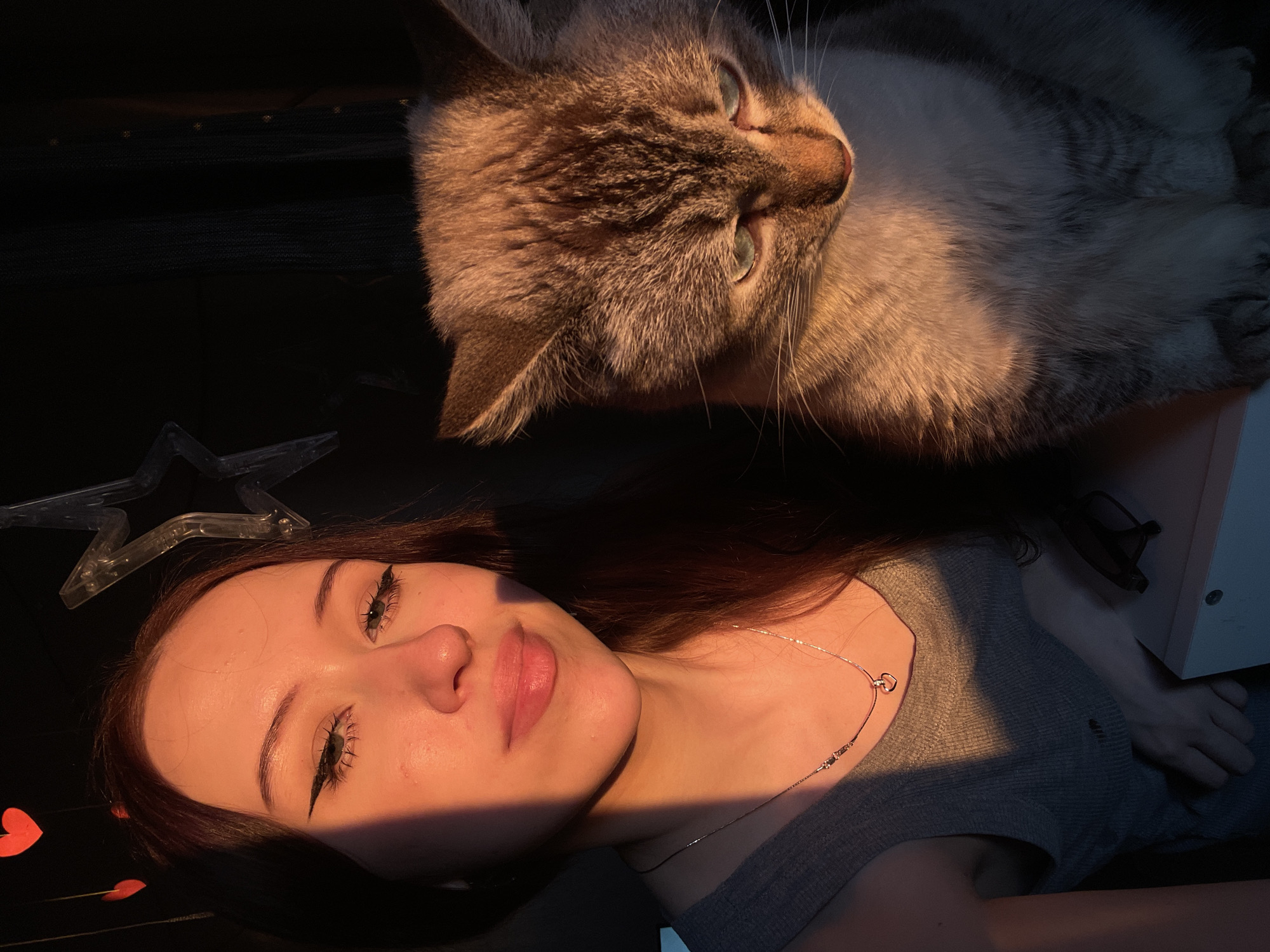A young woman with long, dark hair and a grey tank top is posing for a selfie with her cat. The woman has eyeliner on and is wearing a silver necklace with a heart pendant. The cat is a tabby with blue eyes and is looking down. The scene is lit by warm, golden hour sunlight, casting long shadows. In the background, there are red heart decorations and a star-shaped light fixture. The image appears to have been taken indoors, possibly in a home environment in Votkinsk, Russia.