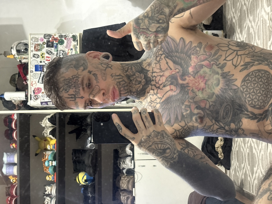 The image captures a mirror selfie of a heavily tattooed young adult male, shirtless, within a domestic interior. The subject, positioned centrally, holds a black smartphone in his left hand to take the photograph, while his right hand is raised in a thumbs-up gesture. He exhibits extensive blackwork and greywash tattoos across his entire visible upper body, including his face (featuring script, symbols, and two bandage-shaped tattoos on his nose and under one eye), neck (with lotus flowers and cracked patterns), chest (dominated by a large phoenix-like bird with colorful floral accents), and arms (one arm featuring a solid black sleeve, the other intricate patterns, extending to his hands). His earlobes contain clear ear gauges, and he has a septum piercing and a labret piercing. His hair is short with faded sides.
The background, reflected in the mirror, shows a room furnished with storage. To the left, a white multi-shelf unit or wardrobe displays numerous pairs of athletic shoes, boots, and various collectible figures, including Pikachu, Minions, and Smurfs. To the right, a white compact appliance, consistent with a mini-fridge or small cabinet, is heavily decorated with stickers. Assorted items such as bottles, hats, and a helmet are placed on top of this appliance. The floor is covered by a light-colored rug featuring a repeating geometric pattern. There are no discernible visual cues within the image to specify a particular location in the city of Buenos Aires, Argentina.