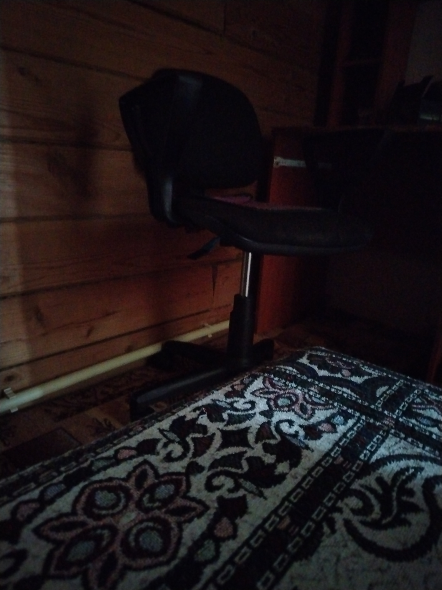 The image shows an office chair and a rug in a room with wooden walls. The chair is black and has a metallic stand. The rug has a floral pattern in shades of beige, black, and maroon. The room appears to be dimly lit. There are no people or animals visible in the image. The location is not specified in the image itself, but the query mentions the city of Nizhnyarkeyevo, Russia.