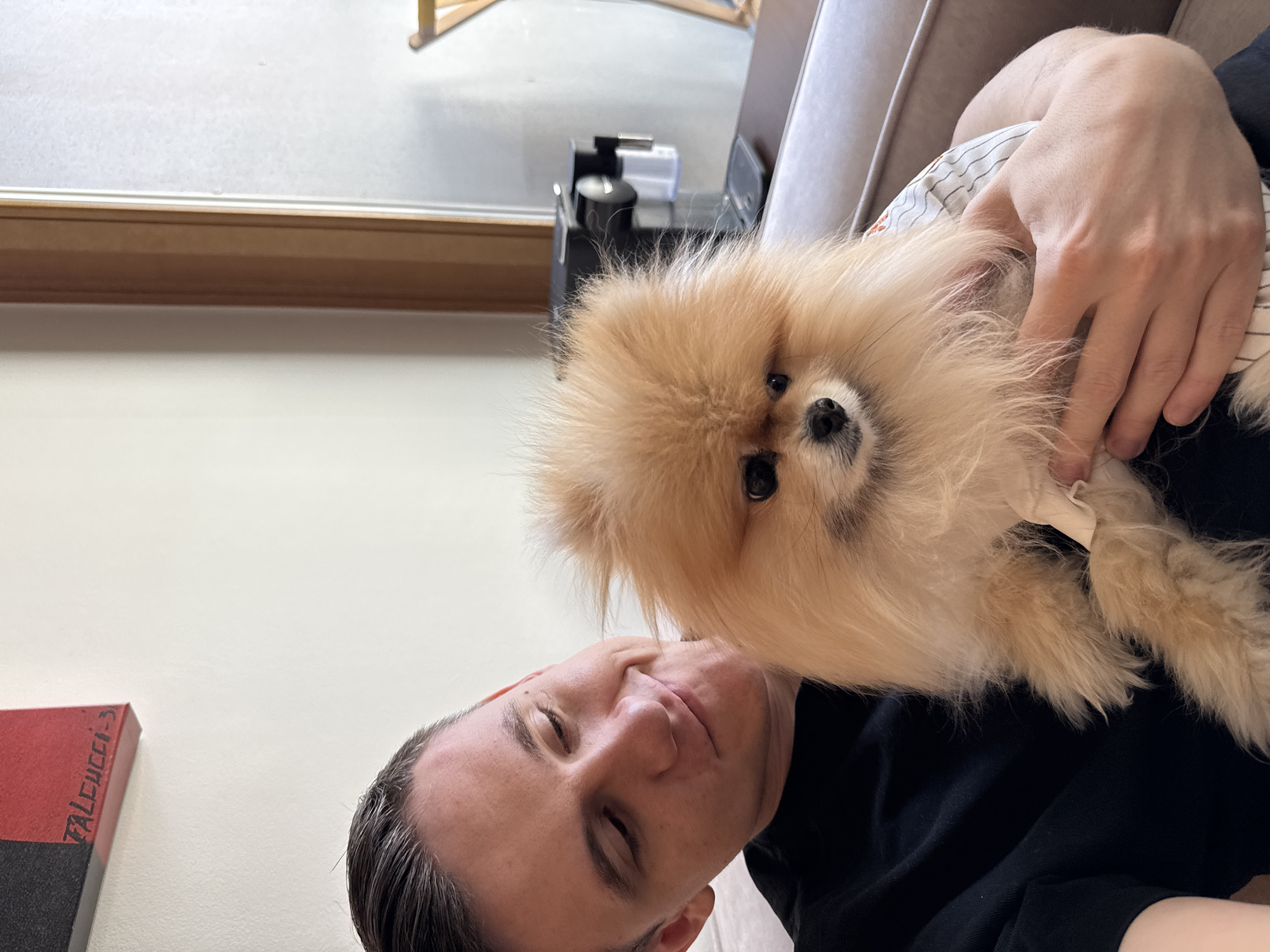 The scene is an interior view within Falcucci Caffe, Warsaw, Poland. A young adult male, with short dark hair, wearing a black t-shirt, is seated on a light brown upholstered couch and holds a fluffy, light orange Pomeranian dog. The man looks down at the dog with a slight smile. The dog, wearing a light-colored striped garment, is positioned facing forward. The background features a plain light-colored wall with a partially visible black and red artwork in the upper left, inscribed with "FALCUCCI-3". To the right, a dark brown wooden window or door frame is present. A dark-colored Nespresso Vertuo coffee machine is visible on a surface behind the dog, featuring a translucent water tank. A portion of a wooden chair is faintly visible through the frame on the far right.
